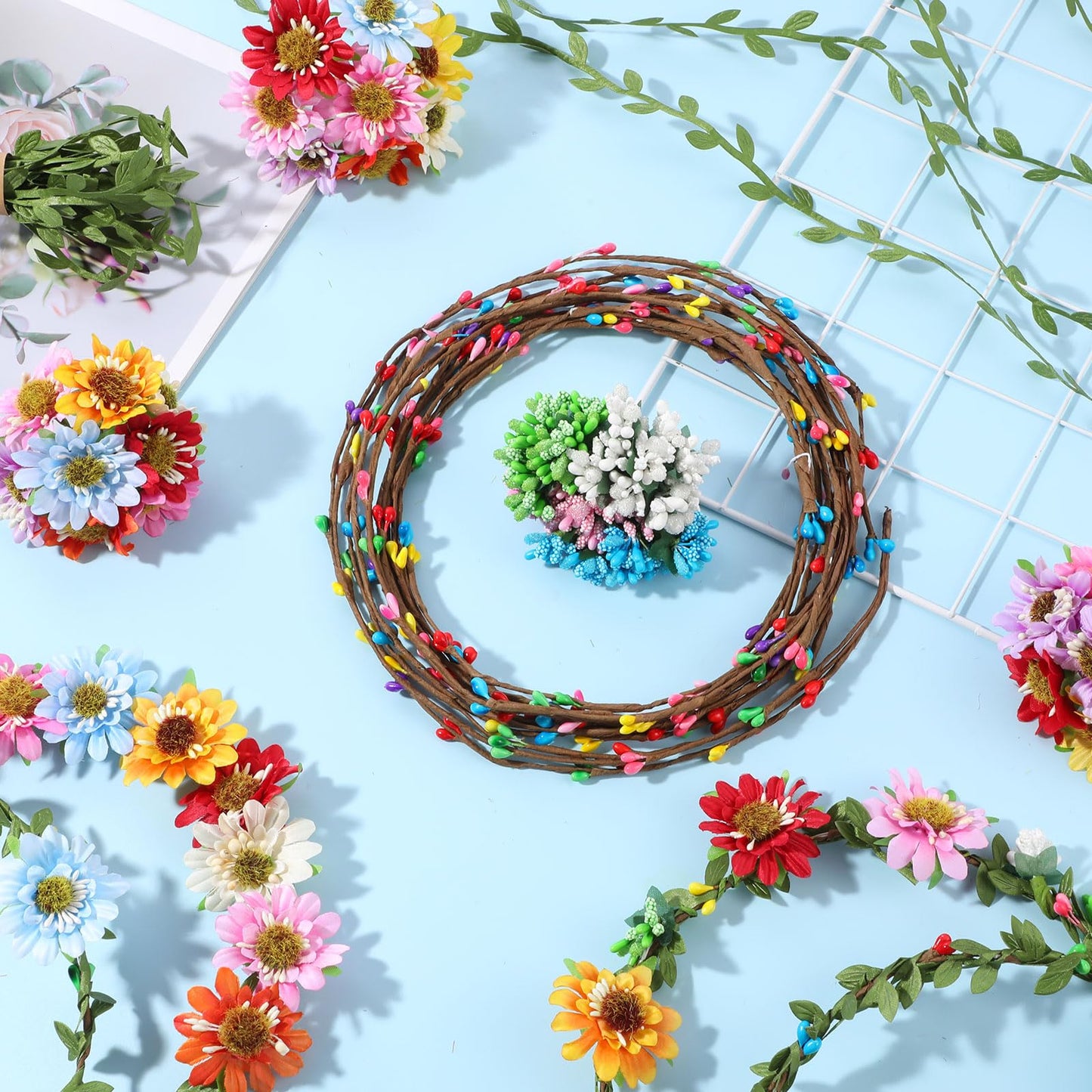 Zeyune 20 Sets Spring Tea Party Favor Flower Crowns Making Kit, Make Your Own Flower Crown Wreath Garland Headbands Craft Kit Handmade DIY Fairy Floral Hair Accessories Gift for Women (Sunflower)