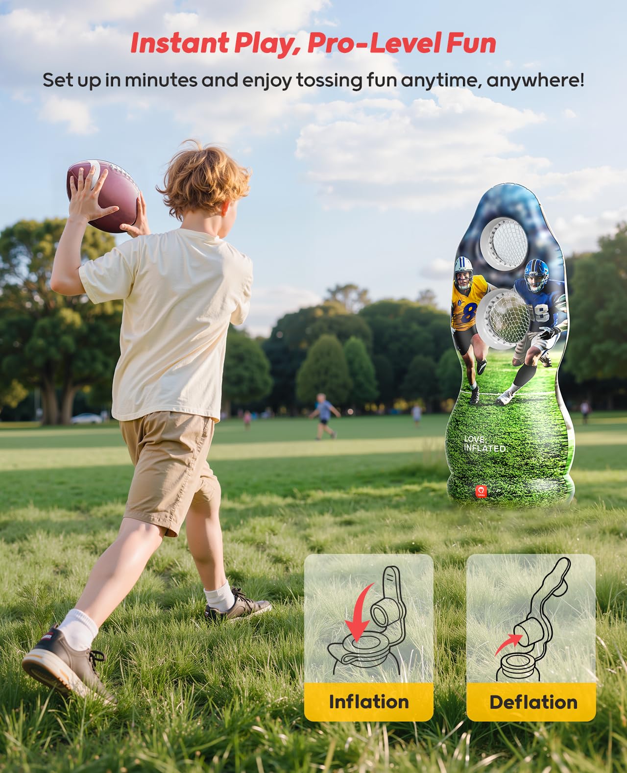 QPAU Life-Size Inflatable Football Target with Dual-Hole & Water-Filled Base - Includes 4 Balls, 2 Pumps & Dry Erase Scoreboard - Heavy Duty Outdoor Backyard Sports Toss Games for Kids, Teens & Adults