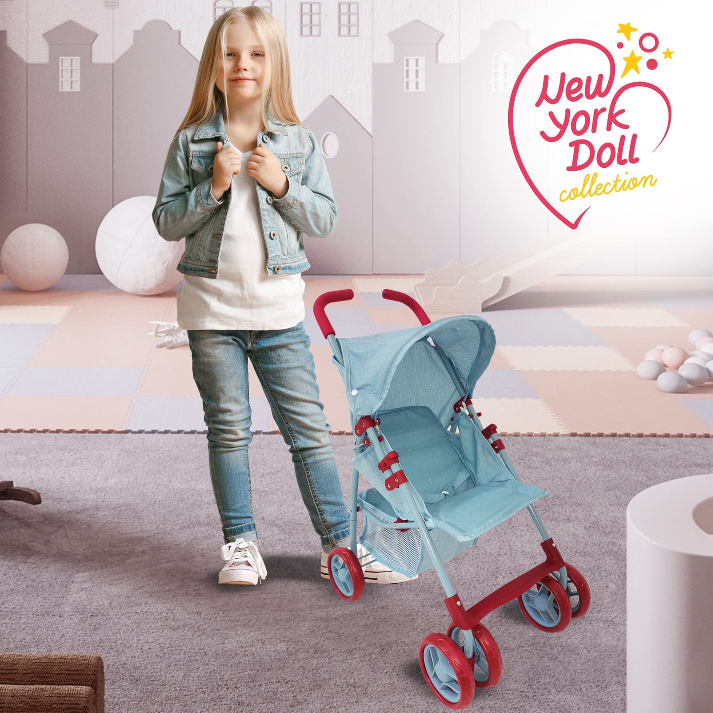 Baby Doll Stroller for Toddler Girls & Big Kids 6-8 Years Old | 28” Baby Stroller for Dolls, Toy Baby Stroller with Cute Ligh Denim Fabric, Mesh Storage Basket, Canopy, Handle Grips, Swivel Wheels