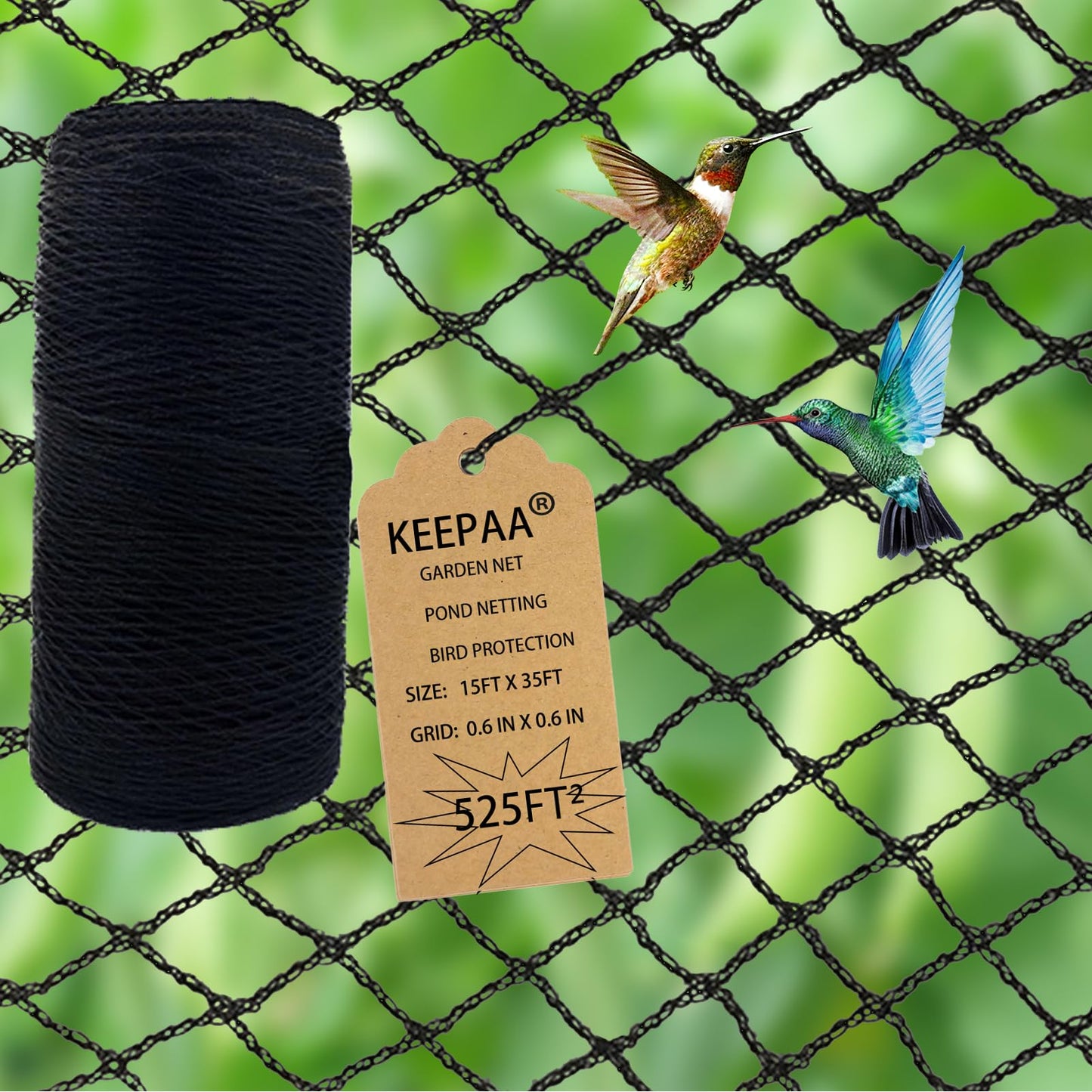 KEEPAA Heavy Duty Bird Netting - 0.6” Mesh UV Resistant Reusable Garden Net Easy Install Pest Barrier for Garden Beds Fruit Bushes Tomato Plants Patio Balcony Garden (15FT*35FT)