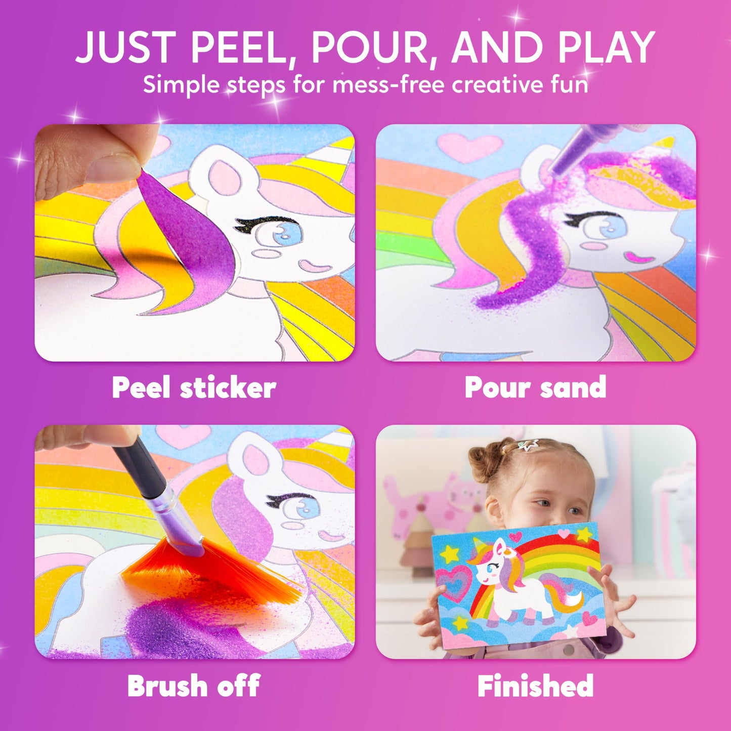 JOVA Klever Kits Glow Sand Art Kits for Kids, Glow in The Dark Sand Painting with 14 Colors, Kids Crafts, 6 Fantasy Templates & 4 DIY Sheets, Mess Free Arts and Crafts, Gifts for Girls Ages 5+