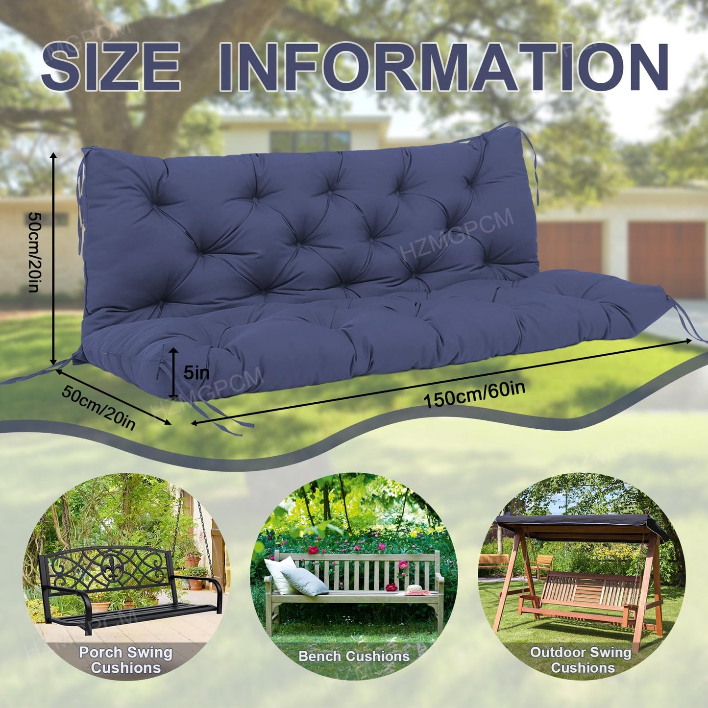 HZMGPCM Extra Thick 5" Waterproof Porch Swing Cushions Outdoor 60 inch Swing Cushions 3 Seater Replacement with Backrest and Ties for Outdoor Furniture Patio Bench Garden(Navy Blue)