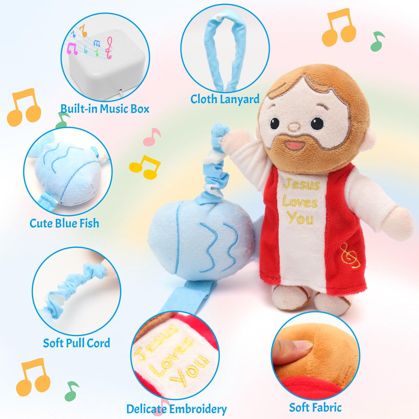 Yelakey Baby Jesus Musical Hanging Plush Toy with Lullaby Music Box Sensory Crib Toy for Newborn Baptism First Birthday Gift