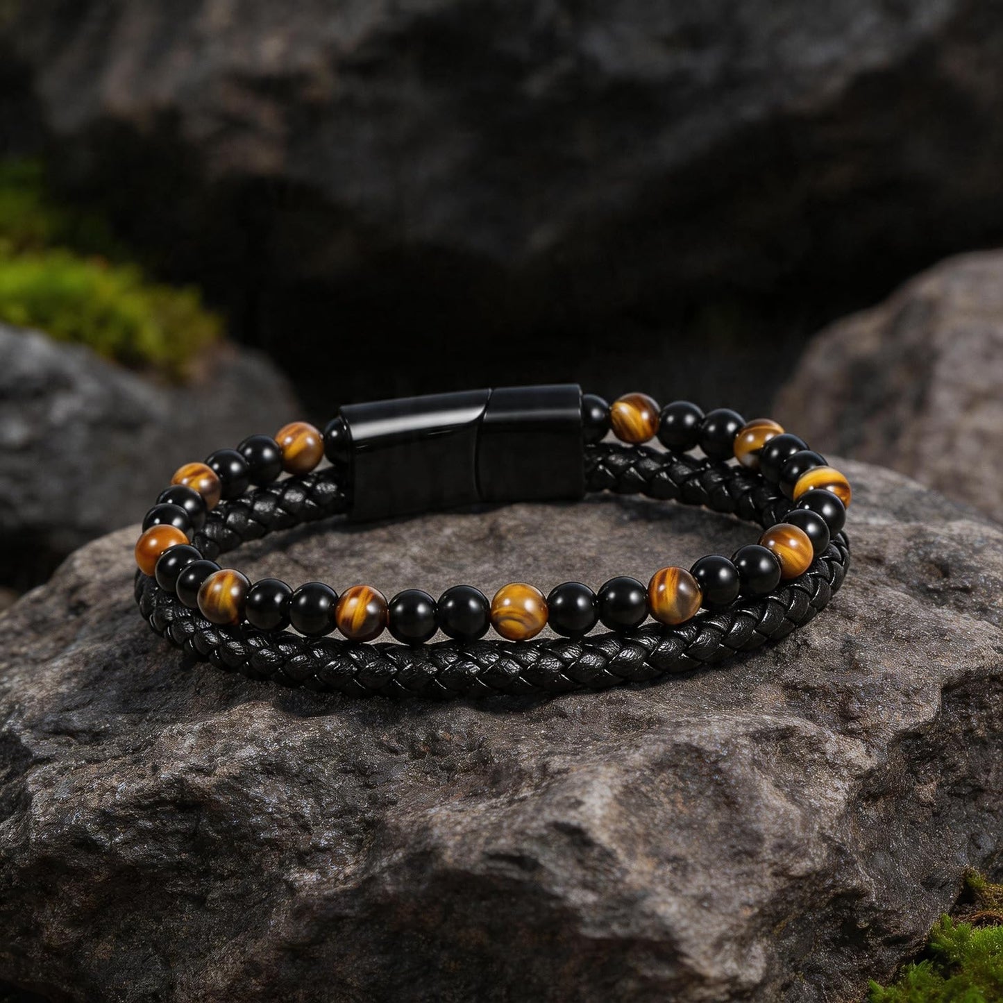 Enjoy Risingsun Tiger Eye Black Leather Bracelet Men Natural Tiger Eye Obsidian Gemstone Crystal Stone Jewelry Handmade Courage And Stress Relief Protection Bracelet