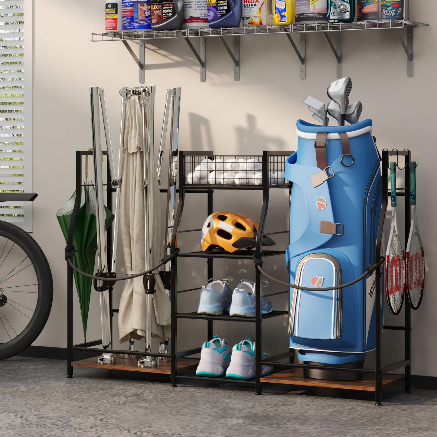 Jsskeeim Golf Bag Storage Organizer for Garage Organization, Golf Bag Stand for Golf Bag Accessories, Spacious Golf Rack for Golf Clubs & Golf Essentials, Ideal Golf Gifts for Men (Fits 2 Golf Bags)