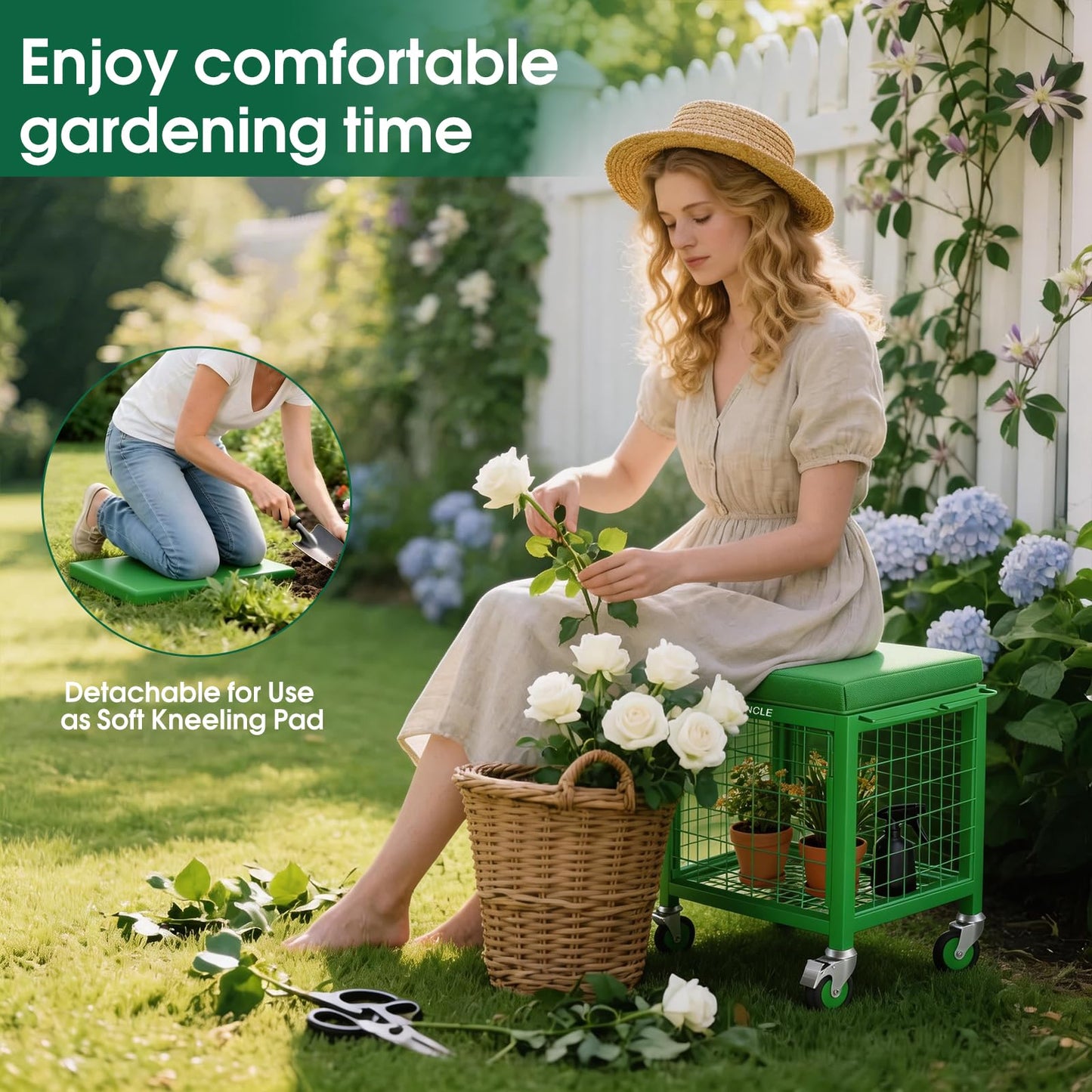 TITIUNCLE Rolling Garden Cart with Seat, 500 Lbs Garden seat with Wheels, Metal Garden Stools with Wheels for Seniors Lawn, Patio, Backyard Outdoor Use Wheelbarrow 3 in 1
