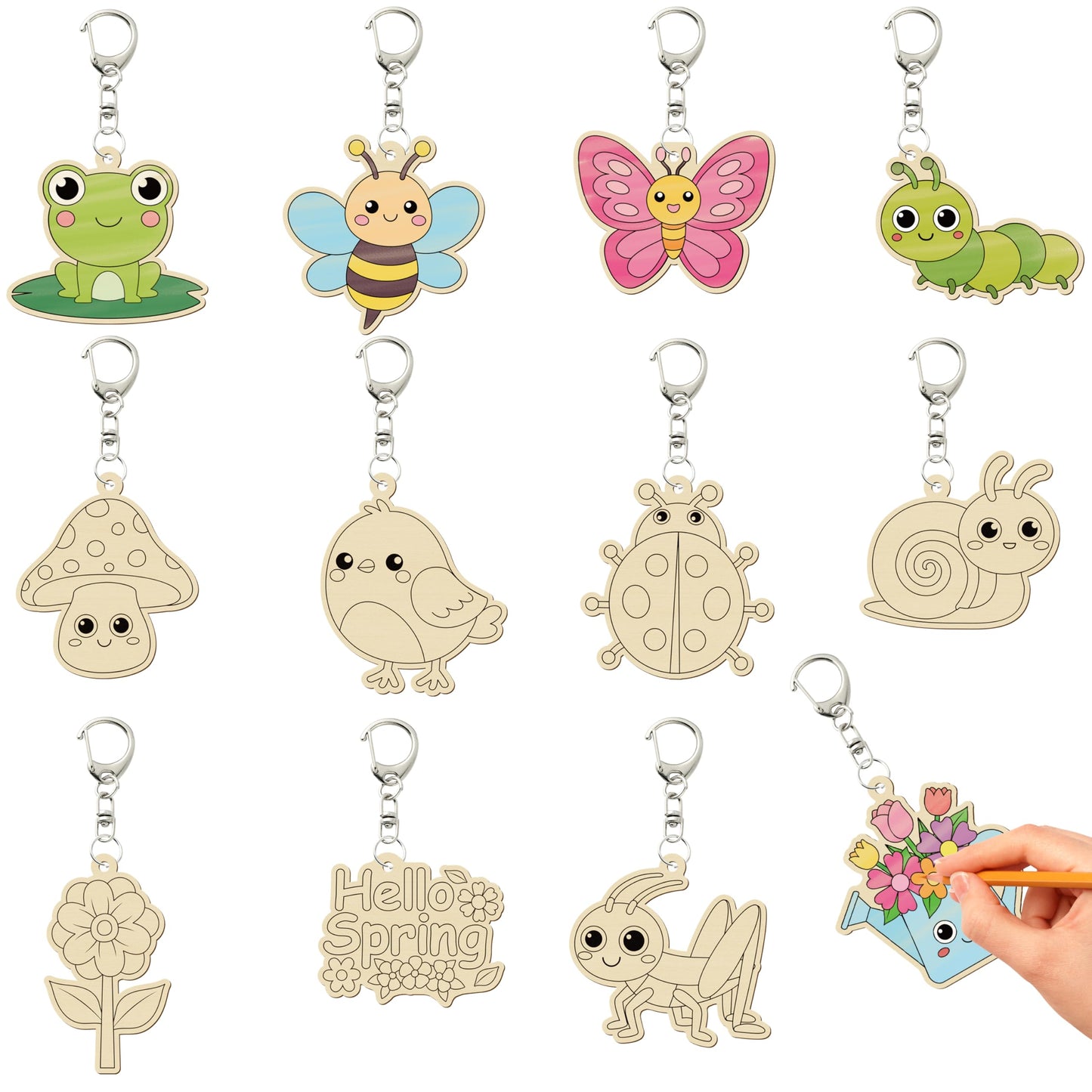 Haooryx Diy Wood Craft Kit - 24 Pcs Paint Decorate Your Own Hello Spring Cute Flower Animals DIY Wooden Art Painting Blank Keychains Wood Craft Kit Creative Activity Birthday Party Favors Goodie Bag