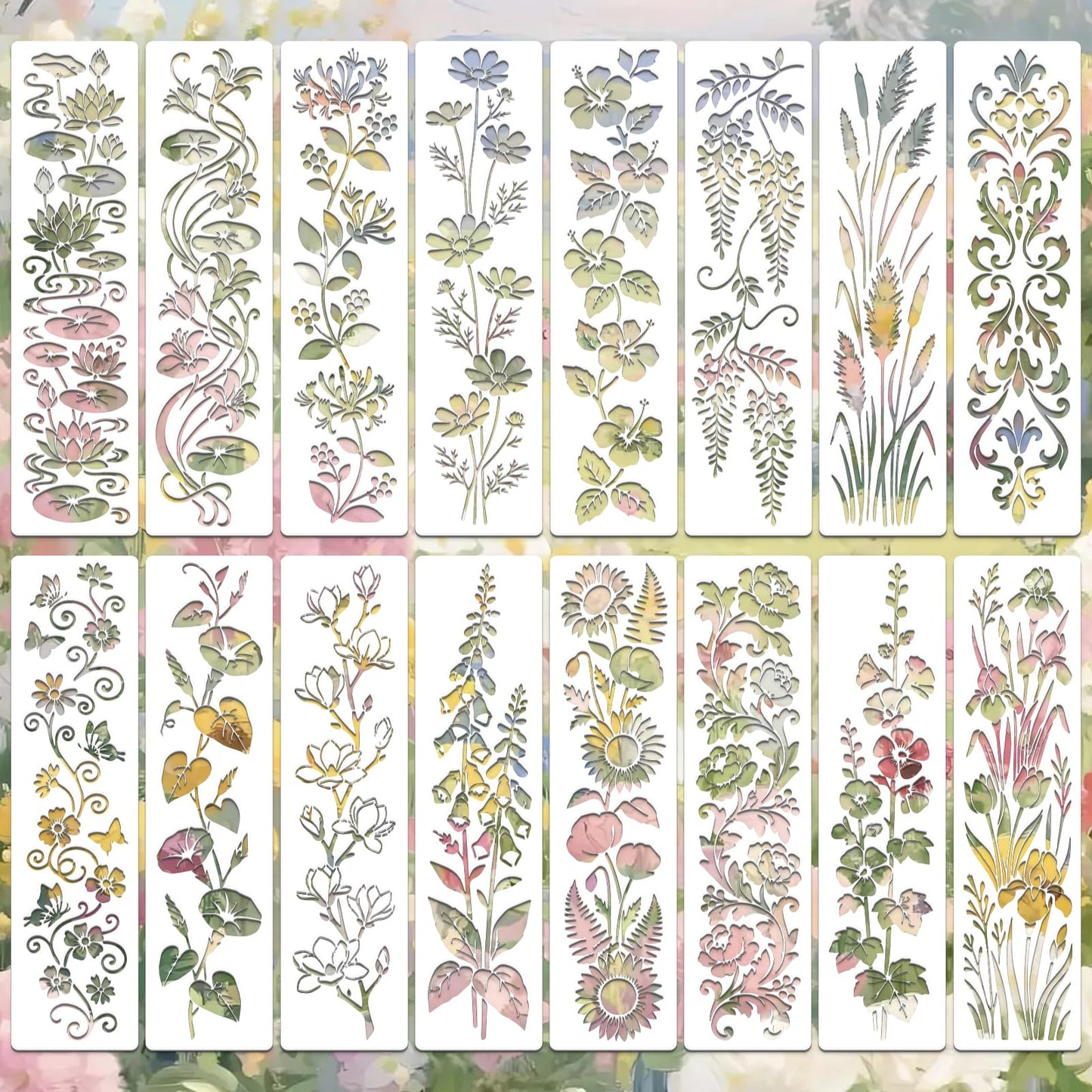 Flower Stencils for Crafts Reusable DIY Furniture Decor Art Painting Stencil 16Pcs Kit for Wood Embroidery Wall Silk Screen Journaling(11.8X2.9 Inch)