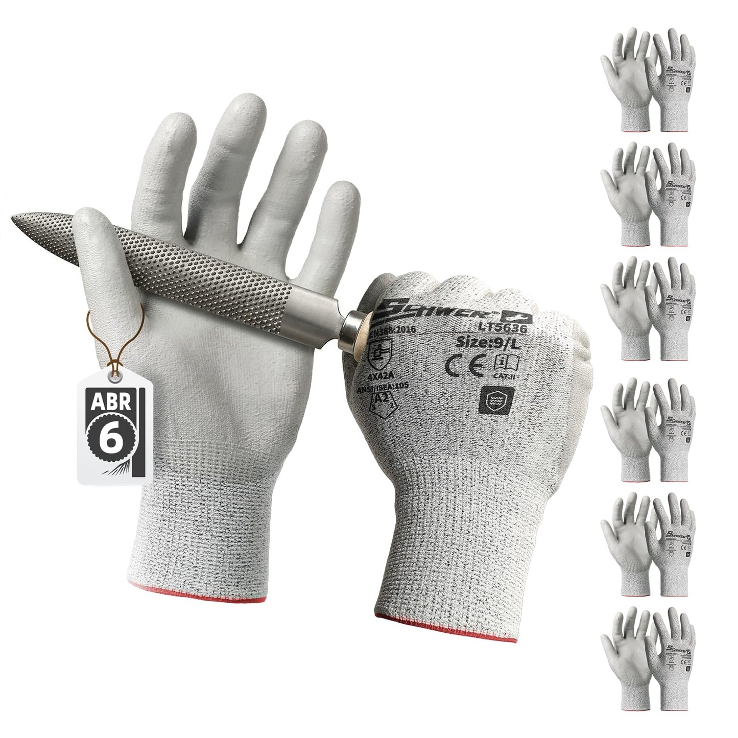 Schwer 6 Pairs Safety Work Gloves with Certified Level 6 Abrasion Resistance, ANSI A2 Cut Resistant Working Gloves with Grip for General Use, Construction, Gardening, Mechanic, 3D-Comfort, LT5636, L