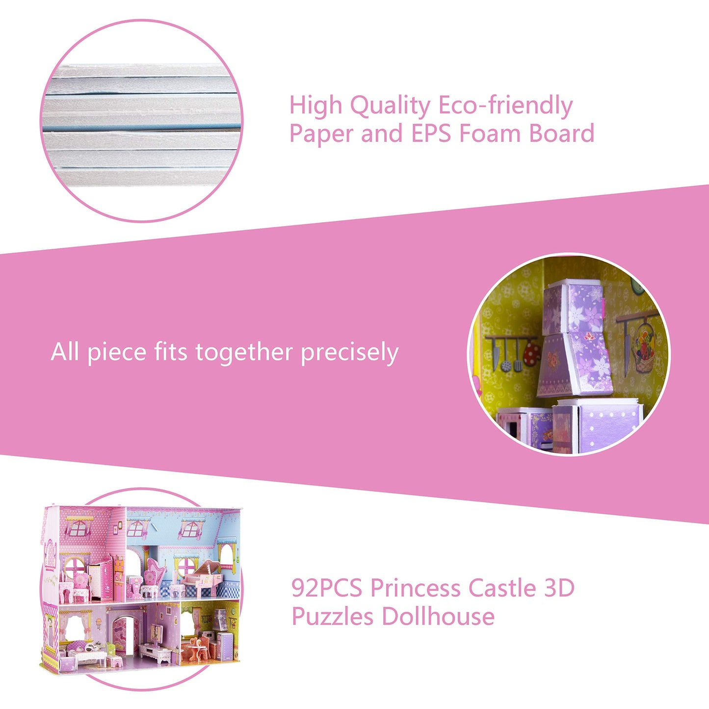 WISESTAR Large Princess Castle 3D Puzzles Model Dollhouse Kits for Girls, 92PCS Fairytale House with Furniture, Educational Toy Birthday for Kids and Adults Fit for Kids Over 8 Years