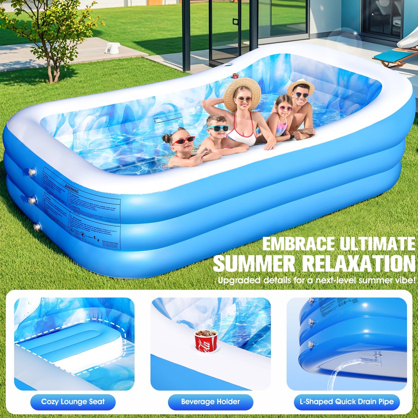 AixPool Inflatable Pool with Seats and Headrest,Oversized Thickened Large Blow Up Pool for Audlt,Inflatable Backyard Pools for Adult,Durable Swim Center Inflatable Family Lounge Pool 98"x63"x21.6"