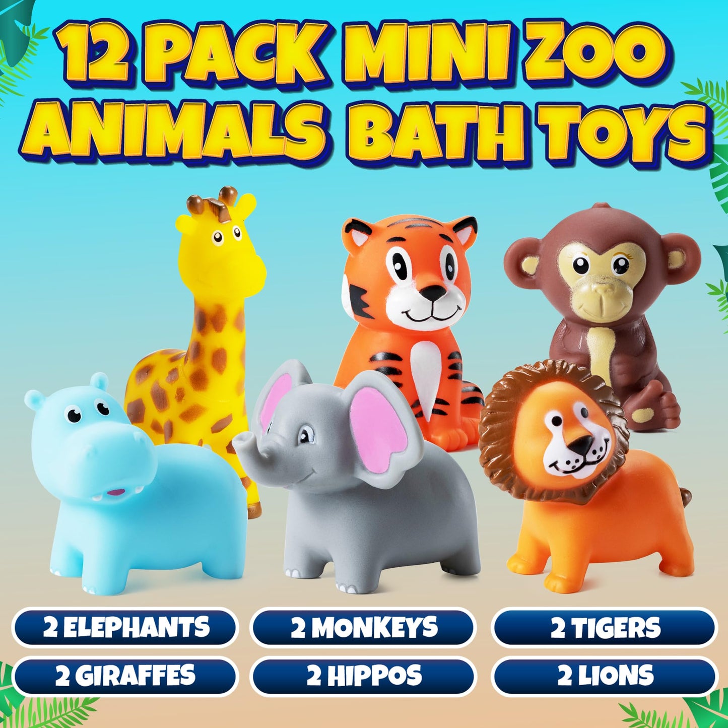 Mini Zoo Animals Bath Toys - (Pack of 12) Vinyl Rubber Jungle Safari Animal Figures, Squeezable Bath Tub Toys for Kids, Baby Shower, Birthday Party Supplies, Favors, Cake Decor, Table Decorations