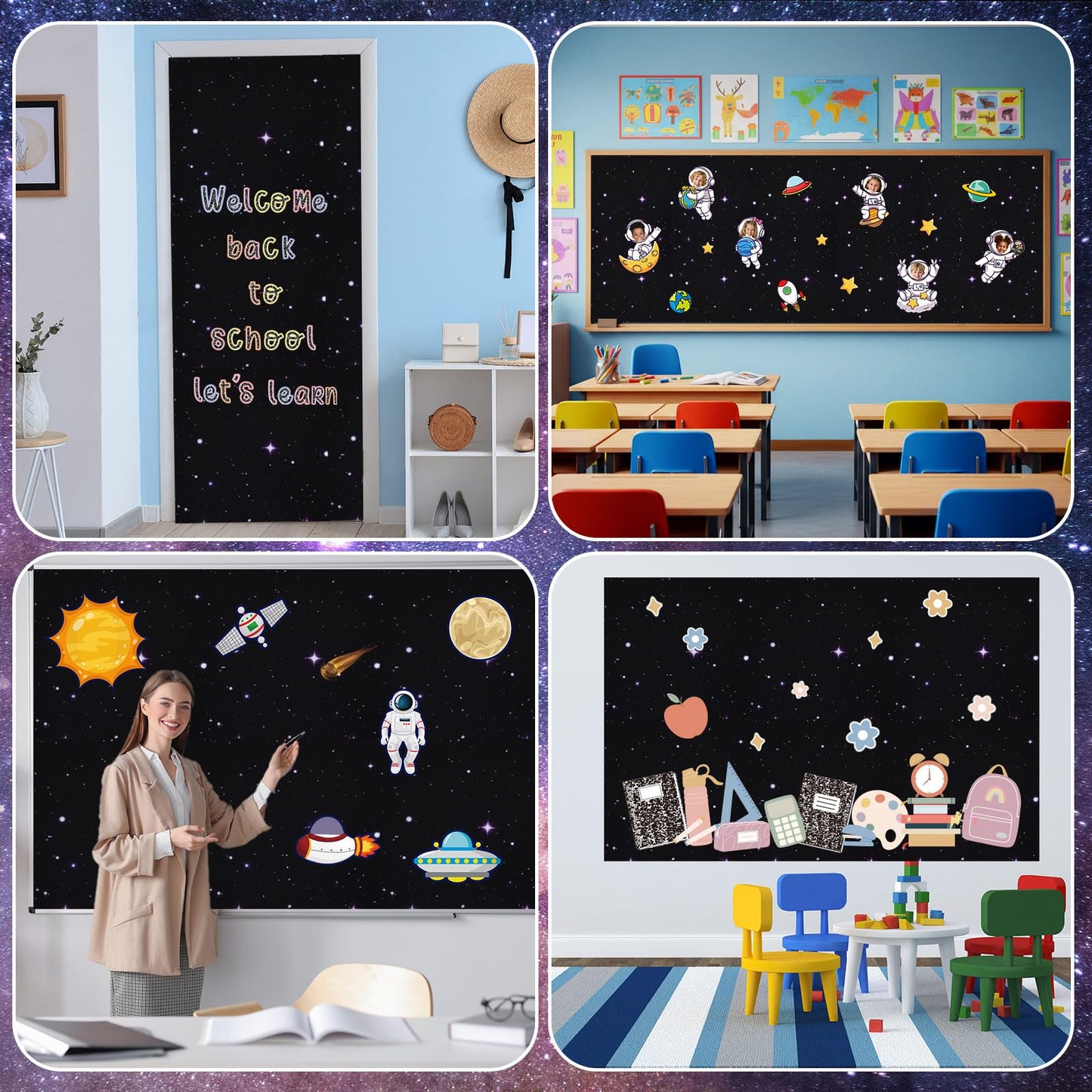 2 Rolls Starry Bulletin Board Paper Roll Non-Woven Bulletin Board Background Reusable Waterproof Poster Fade Resistant Black Purple Poster for Classroom Decor Wrapping Crafts Supplies 15.6 in x 12 Ft
