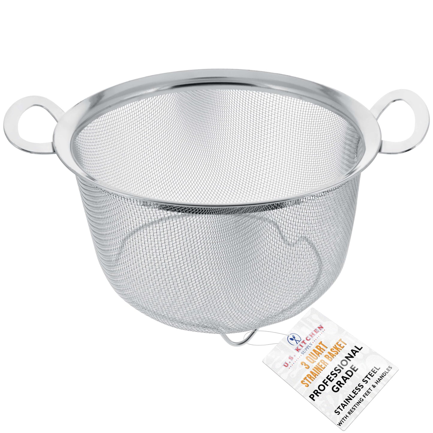 U.S. Kitchen Supply Stainless Steel Colander Strainer Basket - 3-Quart Colander with Resting Feet & Handles - Wide Rim Sieve, Stainless Steel Strainers and Colanders for Kitchen