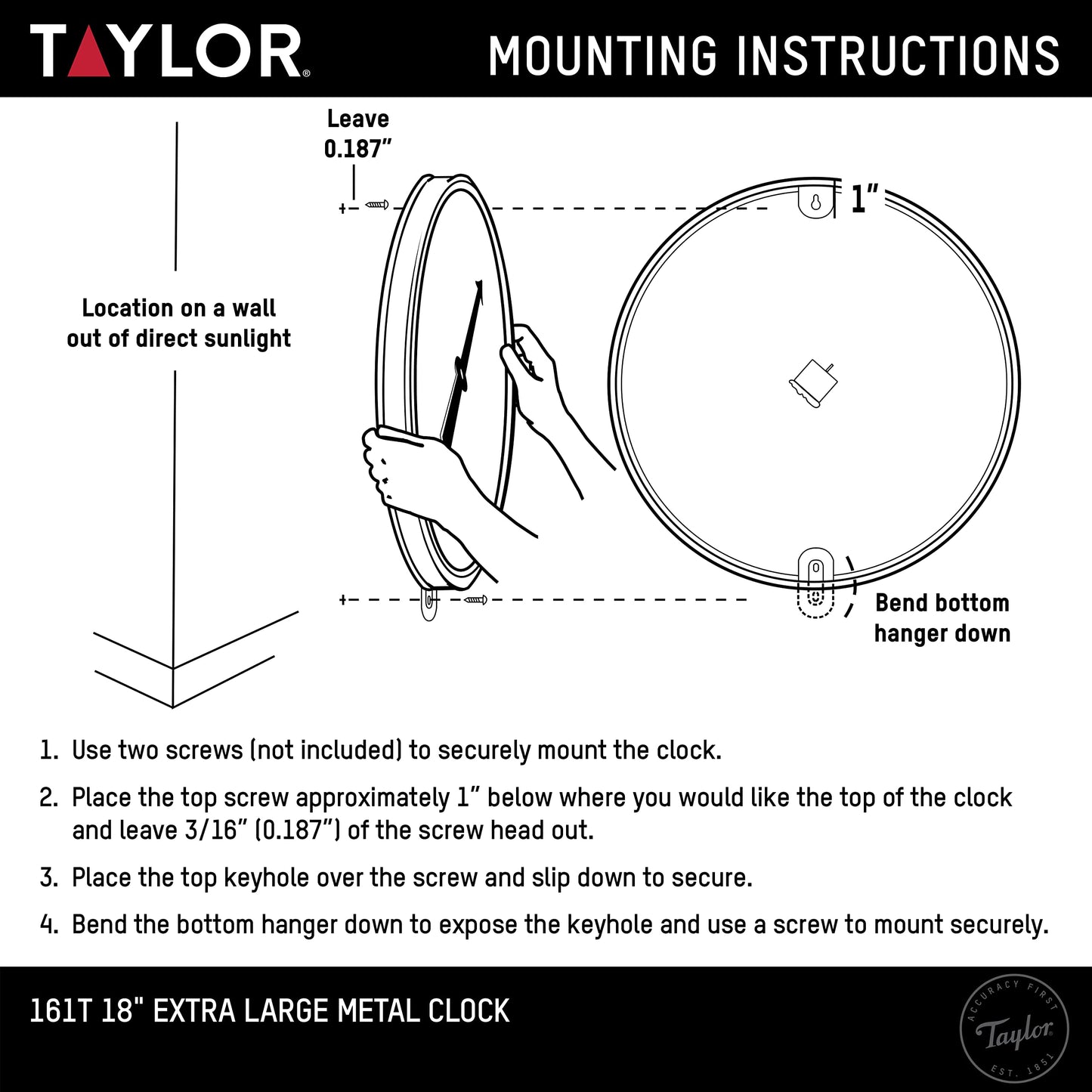 Taylor Indoor Outdoor Metal Wall Clock, Wireless Thermometer with Easy to Read Large Numbers for Patio, Pool, and Indoor Areas, 18-inch