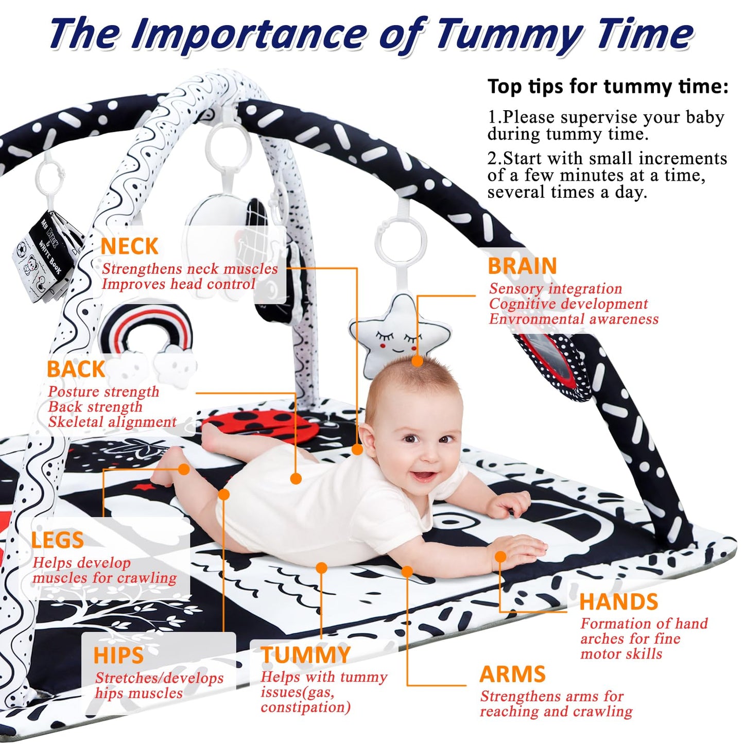 Poycuna Black and White Baby Gym Play Mat with 6 Toys Tummy Time Activity Mat for Babies 0-6 6-12 Months High Contrast Baby Gyms & Playmats Sensory Toys Newborn Brain Development Infant Play Mat