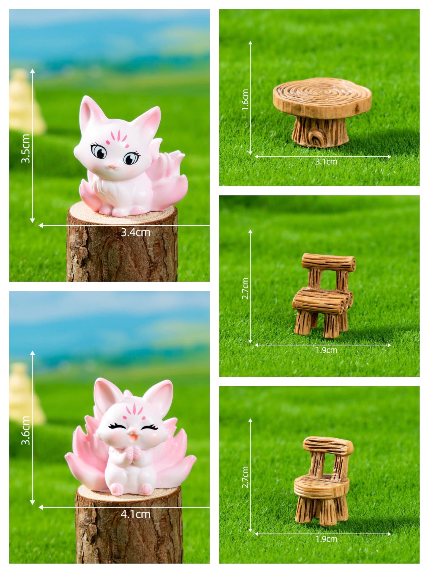 7 Pcs Miniature Fox Figurines with Realistic Tree Round Table and Chairs - Forest Theme Resin Fairy Garden Furniture Set for Dollhouse Accessories, Micro Landscapes, DIY Crafts & Home Decorations