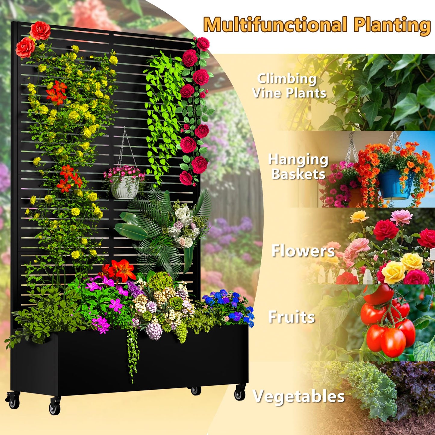 MTART Metal Planter Box with Trellis, 72.1"x47.2"x16" Outdoor Galvanized Raised Garden Bed with Privacy Screen & Drainage Holes & Lockable Casters for Climbing Plants, Vegetable (Louvered-Black1)