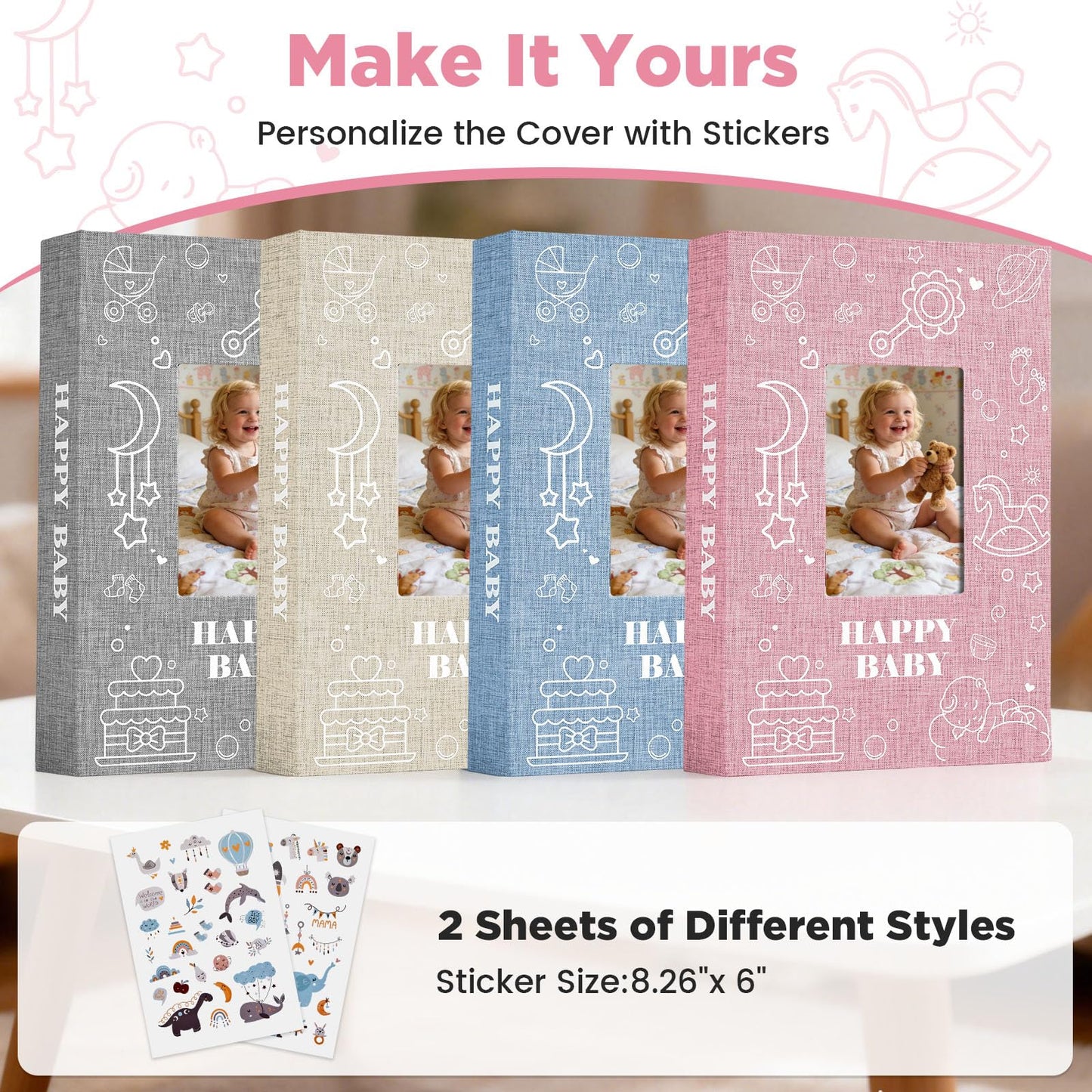 Yatosally Baby Photo Album 4x6 300 Pockets with Memo Area, Photo Stickers & Hand and Footprint Kit, Linen Cover Baby Memory Book with Front Window, First Year Keepsake for Newborn Boy Girl