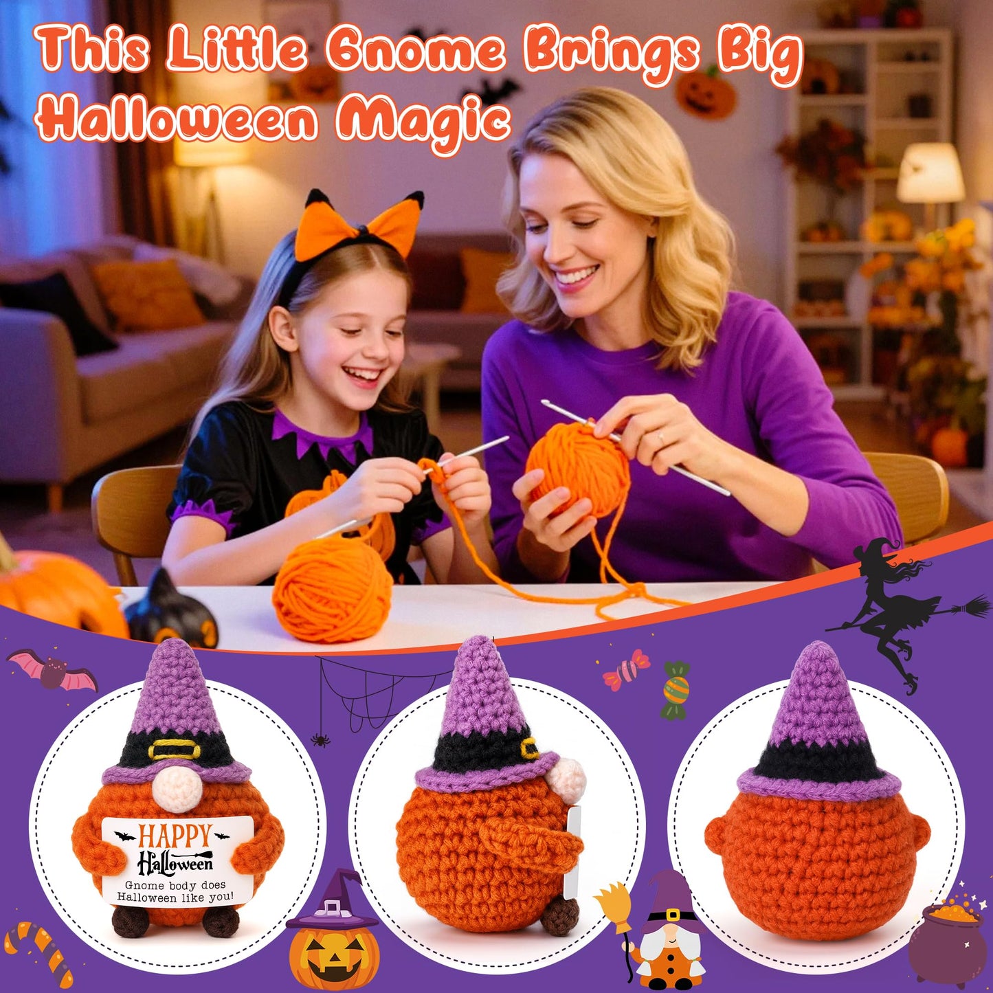 BVXFR Mini Halloween Gnome Witch Hat Boo Basket Stuffers Gifts for Women Men Spooky Halloween Decorations Indoor Gifts for Teen Girl Boy Kid Friend, Handmade Crochet Gnome Pumpkin Decor