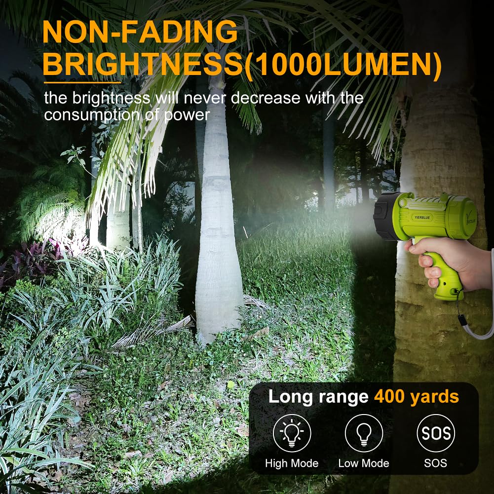 YIERBLUE Rechargeable Spotlight Flashlight with 2000,000 High Lumen LED, IP67 Waterproof Long Running Spot Light searchlight, Impact Resistant Handheld Spotlight with Foldable Stand and Red Lens
