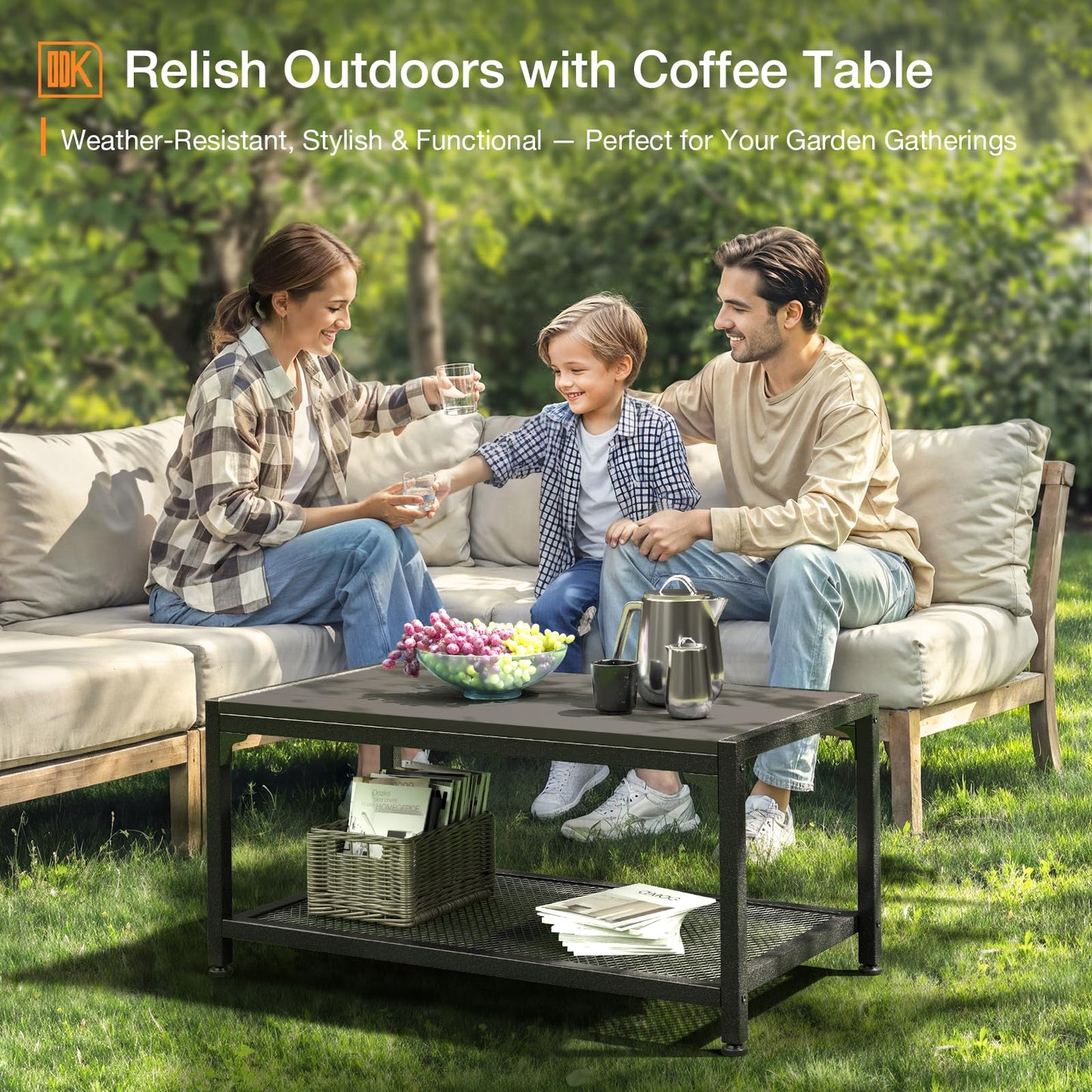 ODK Outdoor Coffee Table with Double-Layer Storage, Rectangle Weather-Resistant Patio Coffee Table for Garden, Balcony, Hot Tub, Poolside, Heavy-Duty Metal Frame, Grey