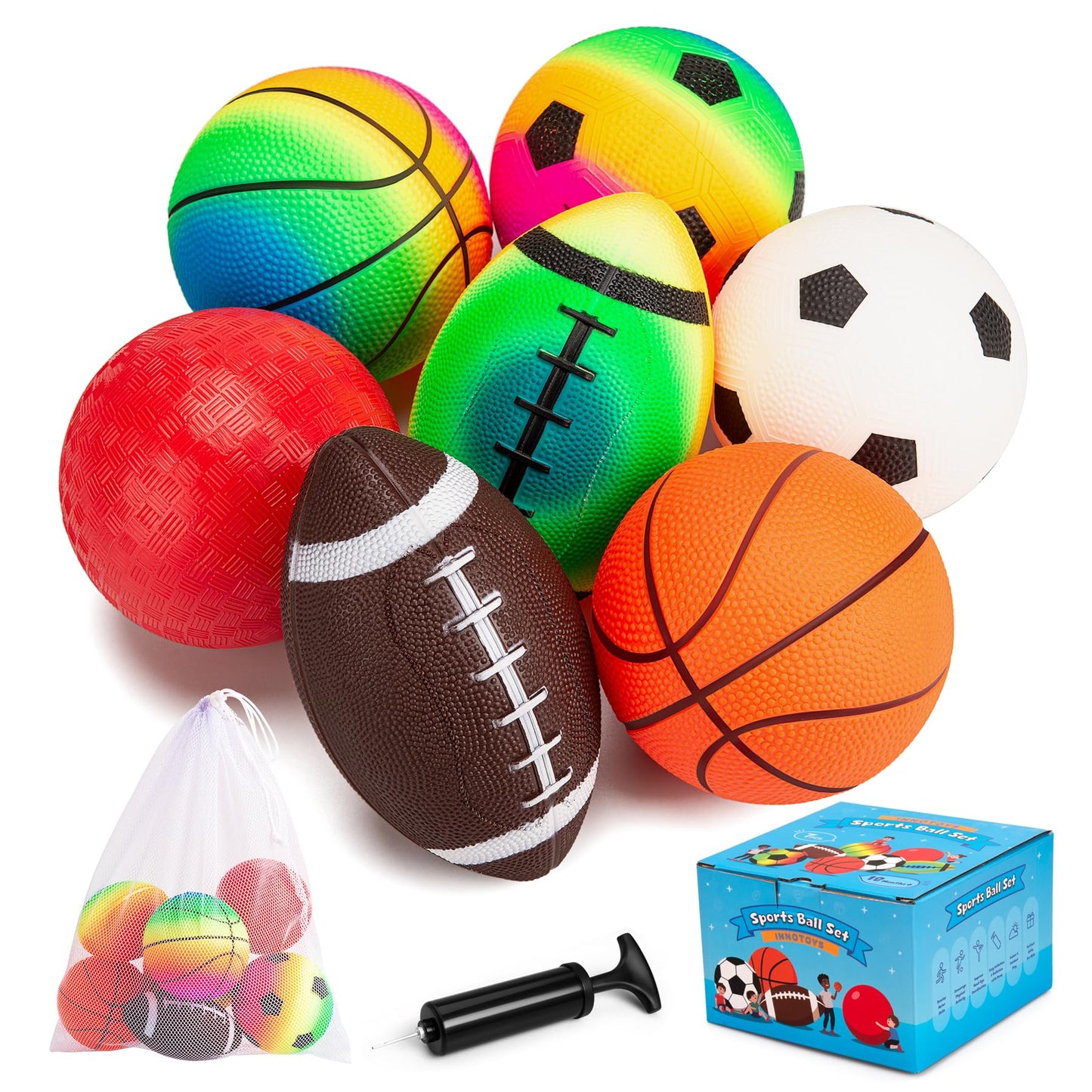 Innotoys Soft Balls for Toddlers Kids 1-3 3-5, Easy to Grip 5" Small Balls 7 Pack, Mini Football Soccer Basketball Playgroundball - First Birthday Gift Easter Basket Stuffers for Babies Boys Girls