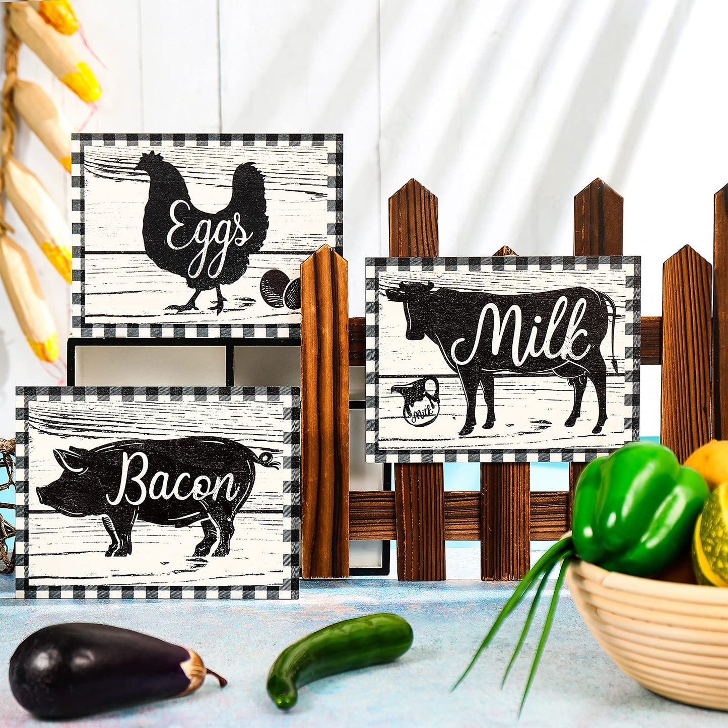 Jetec 3 Pieces Farmhouse Kitchen Decor Wooden Pig Cow chicken Signs Rustic buffalo plaid wall art farm animal Plaque for Kitchen Home Wall Decorations, 7.9 x 5.9 Inch