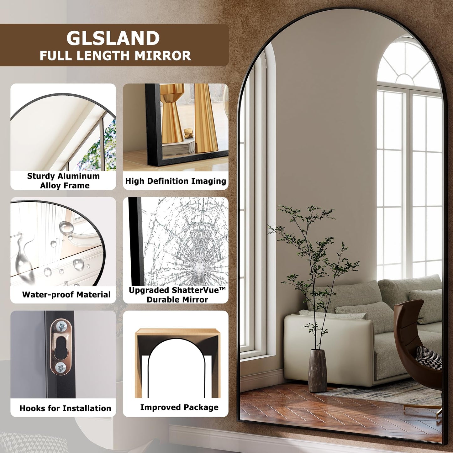 GLSLAND-30x71 inch Wall Mount Arched Full Length Mirror-Aluminum Alloy Frame High Definition-Full Body Mirror for Bedroom or Living Room,Black