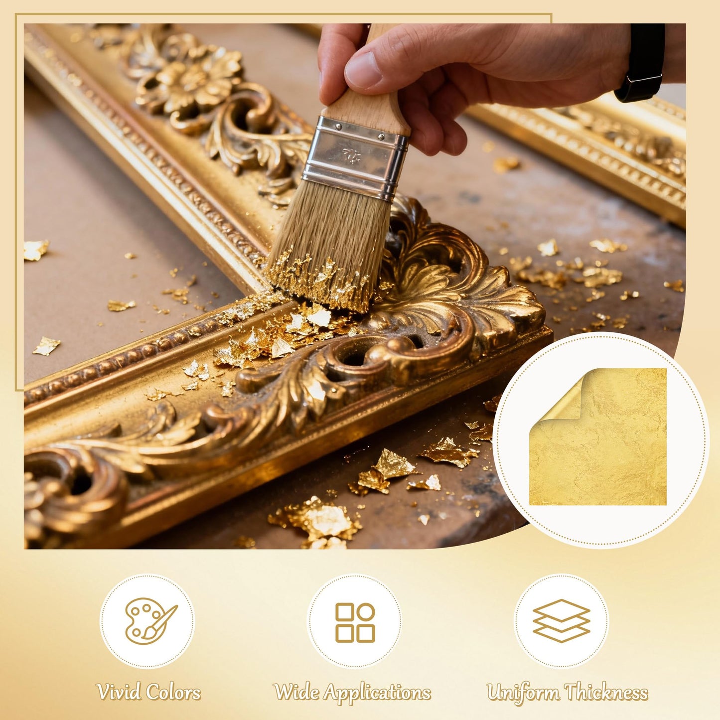 600Pcs Gold Leaf Sheets, 5.1"x5.1" Imitation Transfer Gold Leaf Sheets for Art, No Edible Glitter Gold Flakes Foil Paper Sheets for Nail Painting Jewelry Furniture Renovation & Gilding DIY Crafts