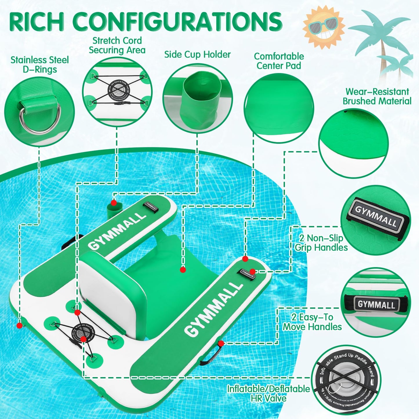 GYMMALL Inflatable Pool Lounger Float, Tanning Pool Chair Float for Adults, 53" L*43" W Sunchill Floating Chair Dock for Outdoor Lake, River and Beach with Storage Bag and Cup Holder - Mint Green