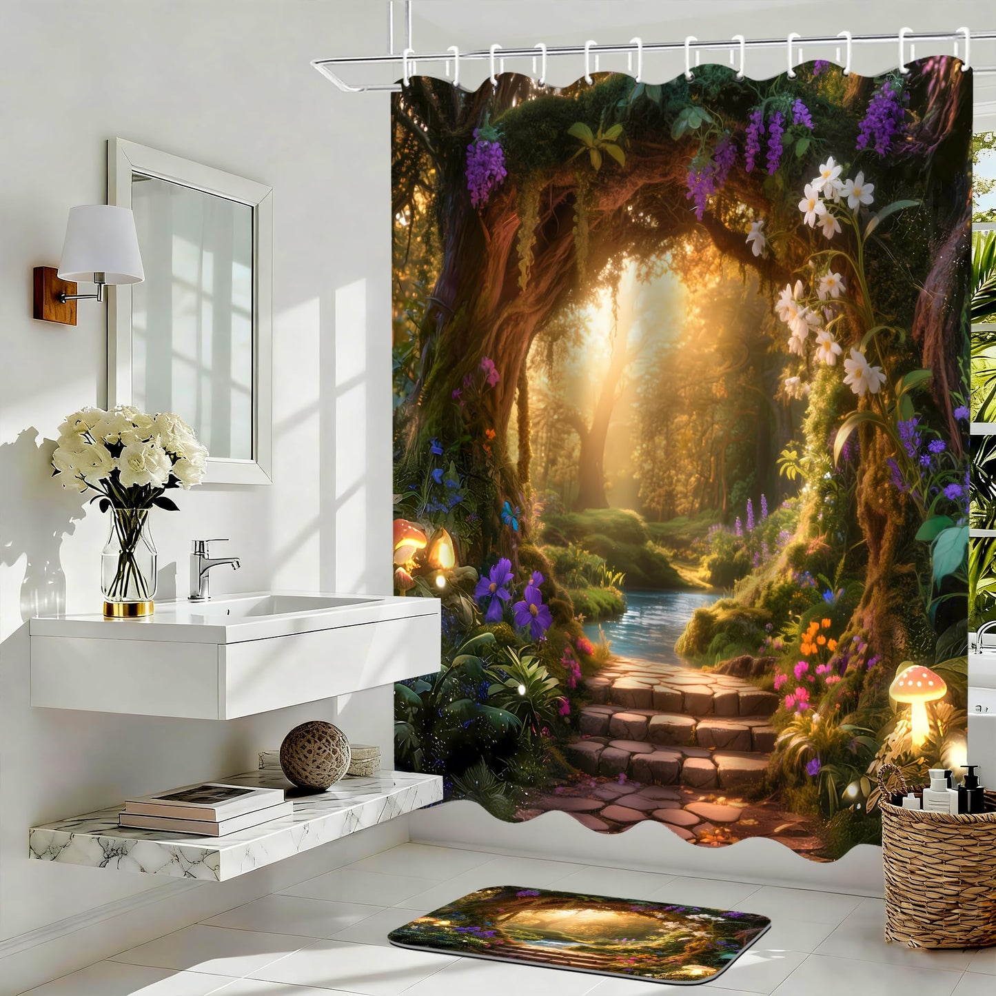 Nkzply 4 Pcs Enchanted Forest Shower Curtain Set Nature Garden Bathroom Sets with Shower Curtain and Rugs Mystical Woodland Shower Curtain Tree Hollow Bathroom Decor Accessories Toilet Lid Cover