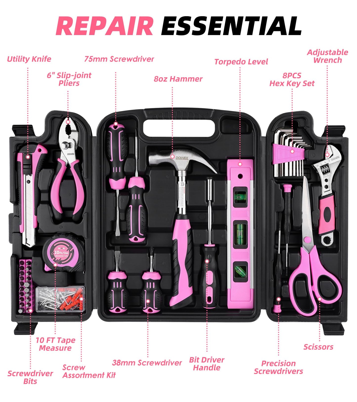 DOWELL 123-Piece Pink Home Repair Tool Kit for Women & Girls - All-in-One DIY Toolkit with Ergonomic Handles, Durable Toolbox, Non-Slip Grips | Perfect Gift for Wives, Moms, Crafters