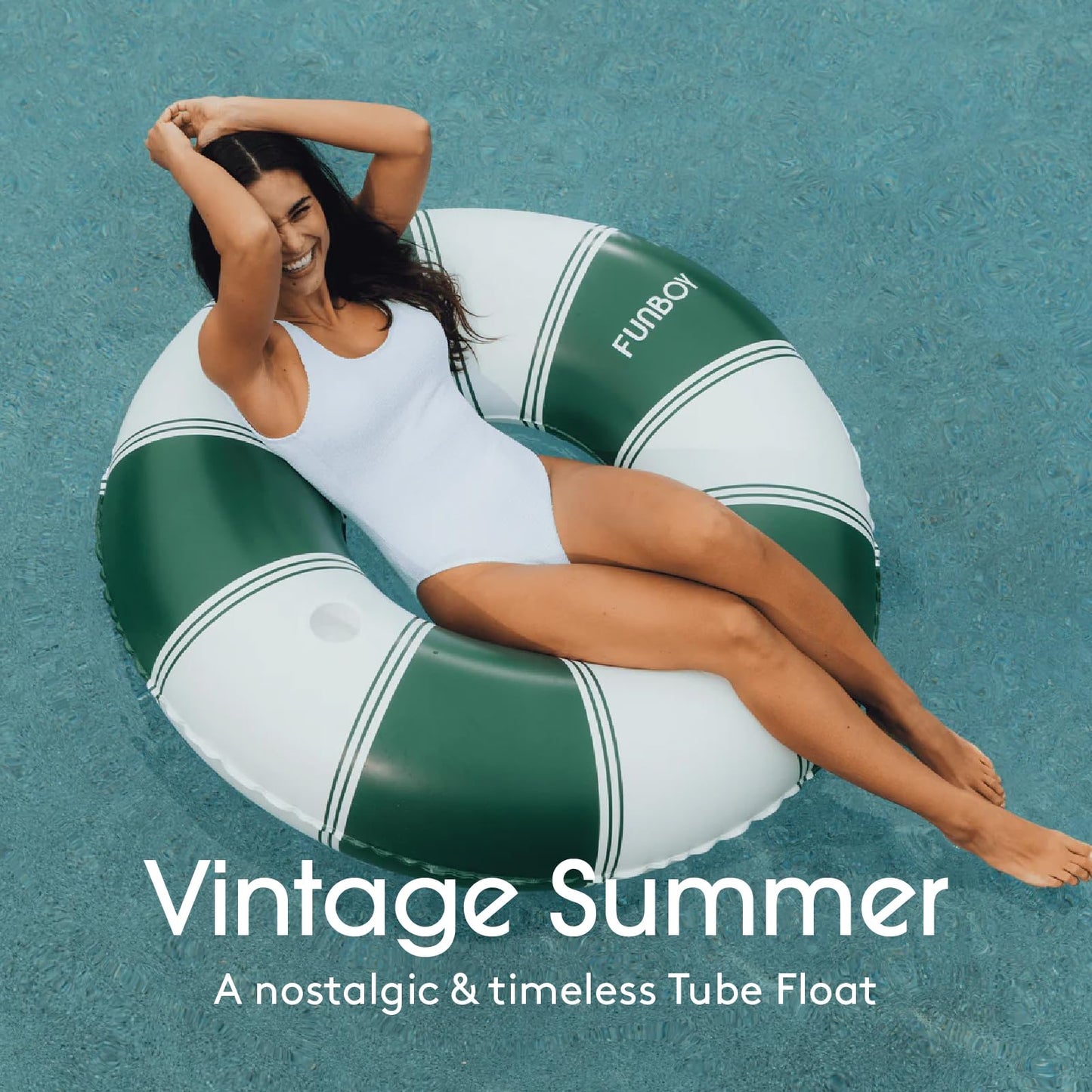 FUNBOY Giant 48” Vintage Green Stripe Inflatable Pool Float with Cup Holder - Adult Inner Tube Pool Toy for Summer, Swimming Pool Accessories & Lounger