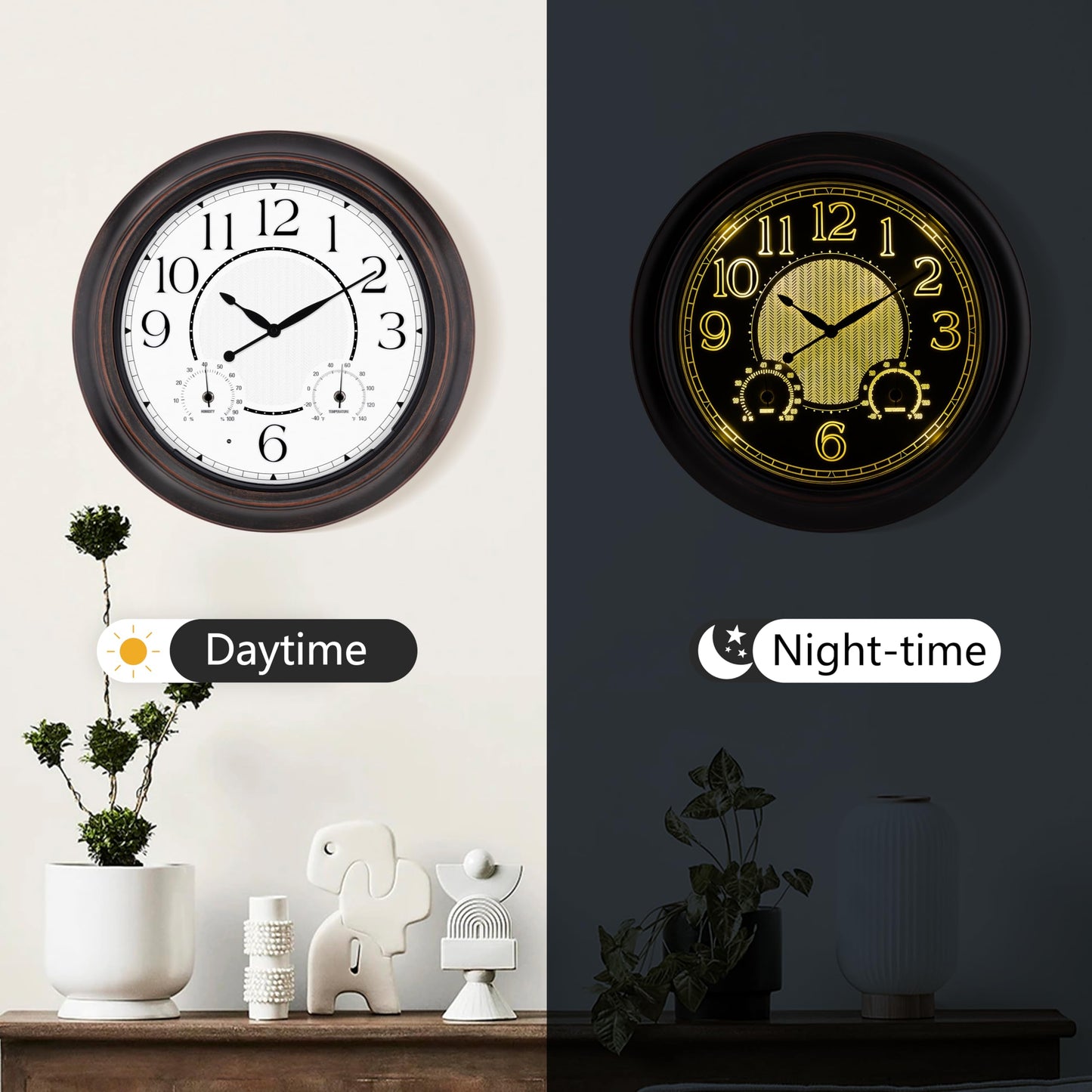 18 Inch Large Illuminated Outdoor Wall Clock, Waterproof Wall Clock with Smart Night Light Sensor, Lighted Large Wall Clock with Thermometer & Hygrometer for Patio Pool Porch Garden & Home Decor