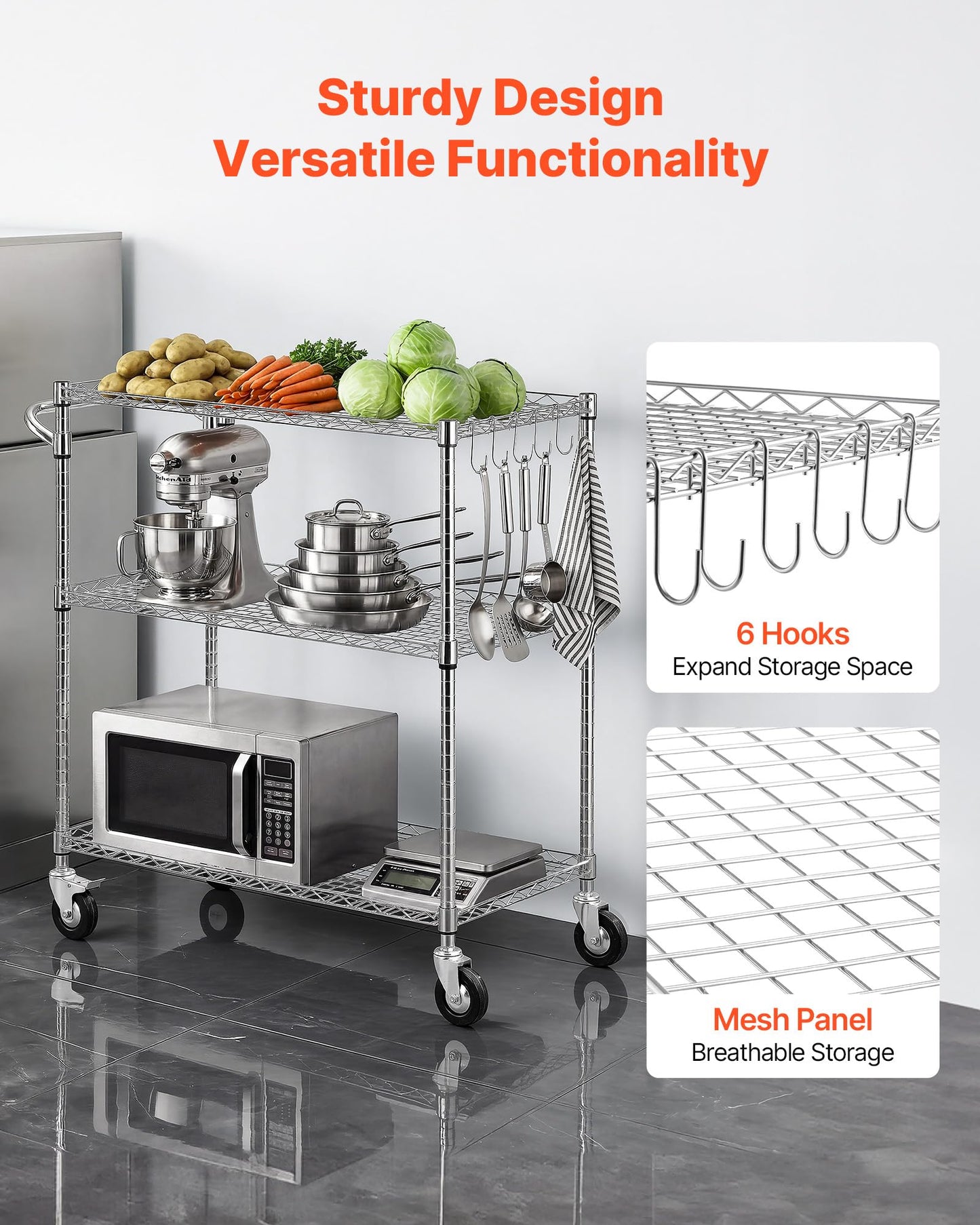 VEVOR Kitchen Utility Cart, 3 Tier Heavy Duty Adjustable Wire Storage Rack, Commercial Steel Rolling Service Trolley on Wheels, Work Table with Handle Bar, for Garage and Laundry Room, 35x17.8x40.9 in