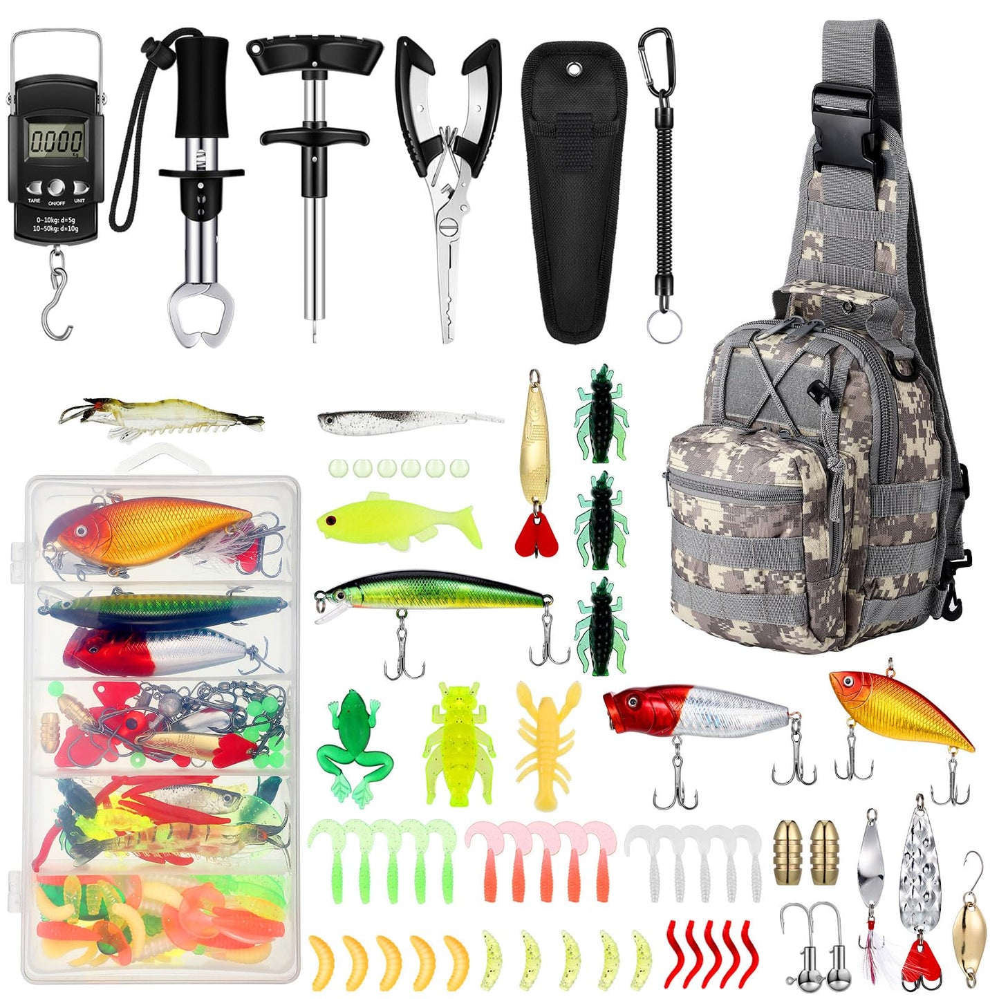 Sosation 134 Pcs Fishing Tool Fishing Tackle Box Kit and Equipment for Adults Beginner Gift, Hook Remover, Pliers Kit, Backpack Tackle Container Lures, Lip Gripper, Weigh Scale(Digital Pattern)