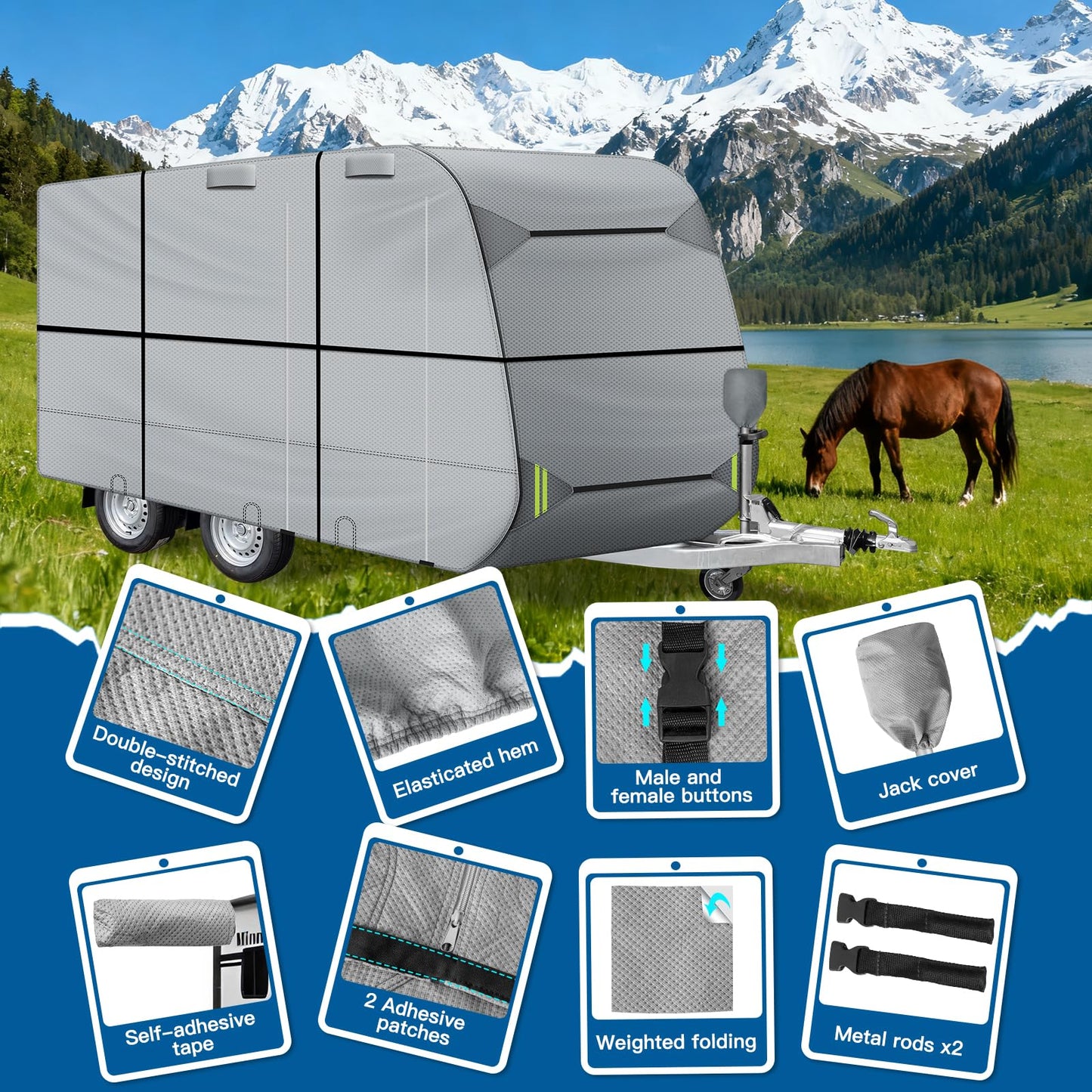 Horse Trailer Cover, Pull Horse Trailer Cover, 7-Layer Heavy Duty Horse RV Cover, Anti-UV, Waterproof and Windproof Horse Puller Trailer Cover for 14'1" - 16' Length Trailer Gray