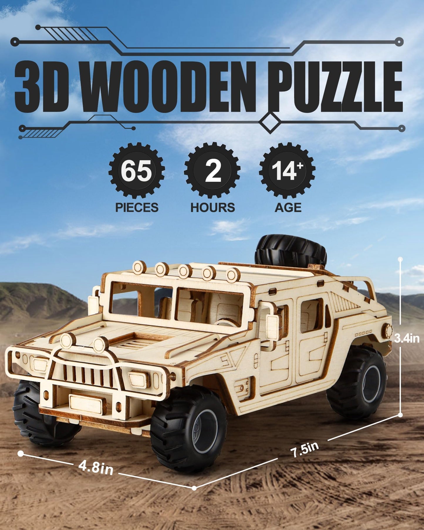 MOCBURIKU 3D Wooden Puzzles Model Car Kits to Build for Adults, DIY Off-Road Cars Building Kits, Brain Teaser Pull Back Toys, Gift for Men Boys on Birthday/Christmas Day (Off-Road Car)