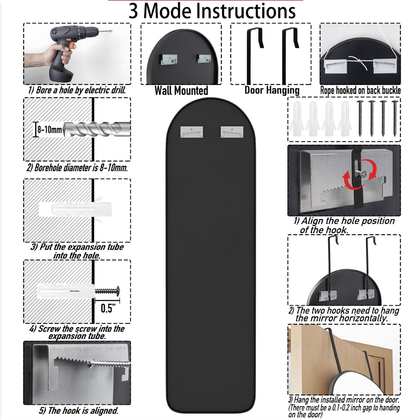 SCWF-GZ 47x14 Mirror Full Length Back Door Hanging or Wall Mounted Aluminum Metal Frame Arch Mirrors for Entryway Bedroom Bathroom Dressing Living Room 47 14 inch Black