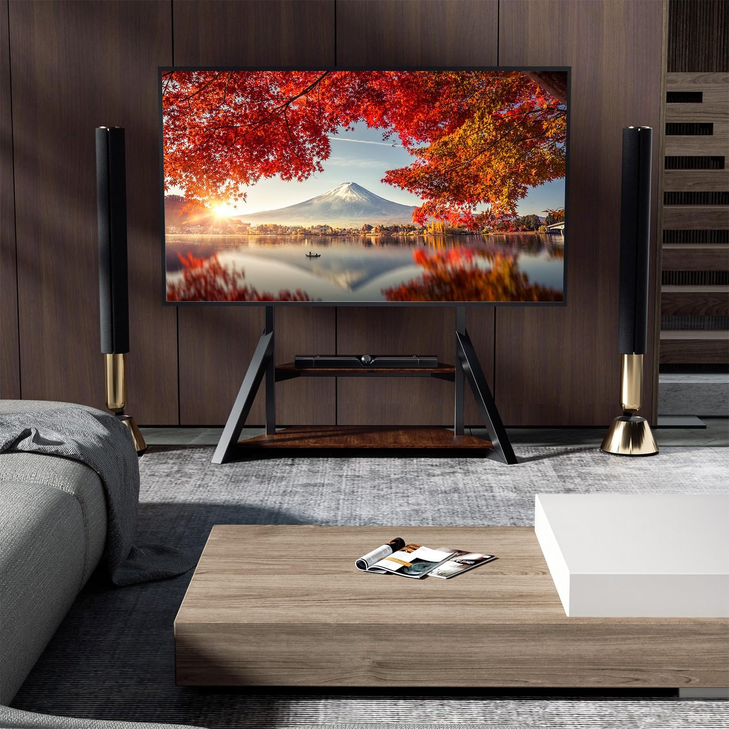 unho Mobile TV Floor Stand with Wheels Shelves for 65 to 100 inch Large LCD/LED Flat Curved Screen up to 220lbs, Adjustable Heights TV Mount Stands VESA 800x600mm, Rolling TV Stand for Bedroom Office