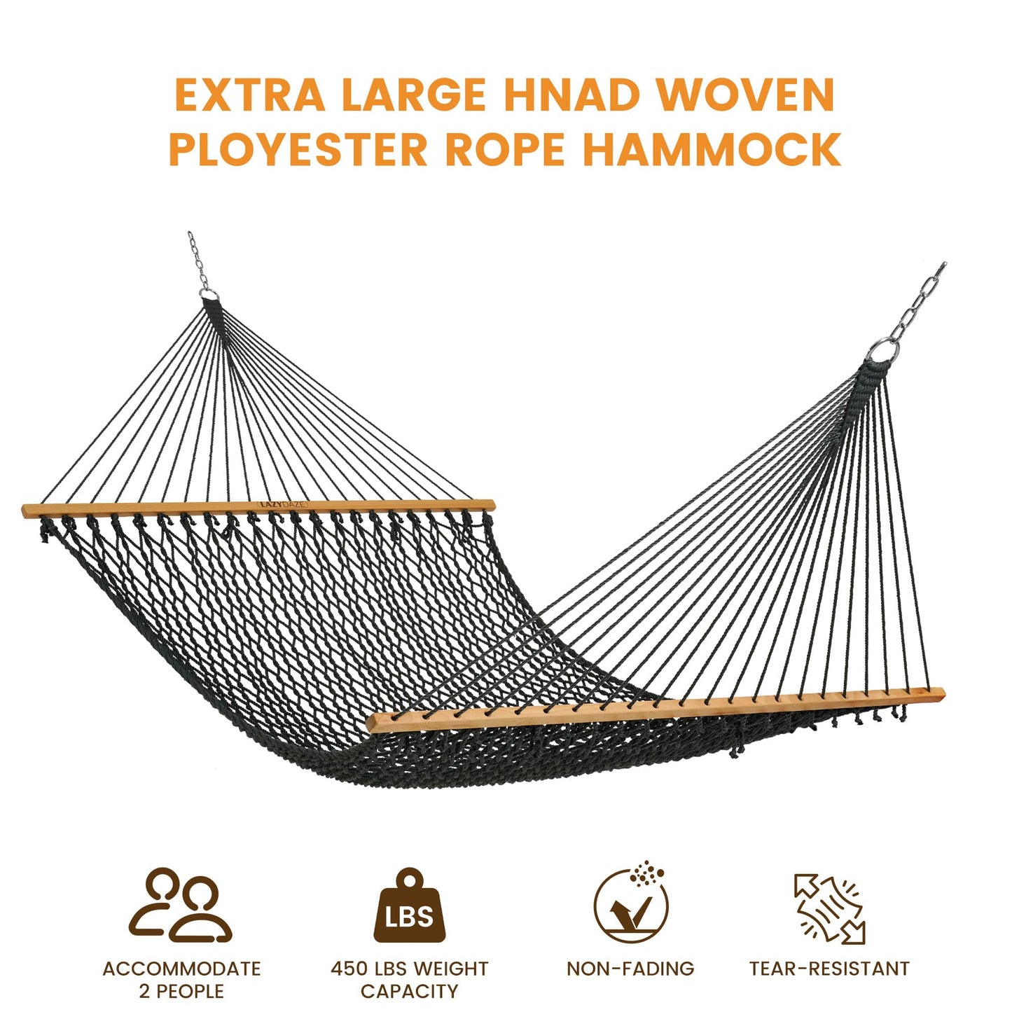 Lazy Daze Hammocks 13-FT Polyester Rope Hammock, Double 2 Person Traditional Hand Woven Outdoor Hammock with Spreader Bar, Carabiners, Tree Straps, Chains for Outside Patio- Max 450 Lbs, Grey