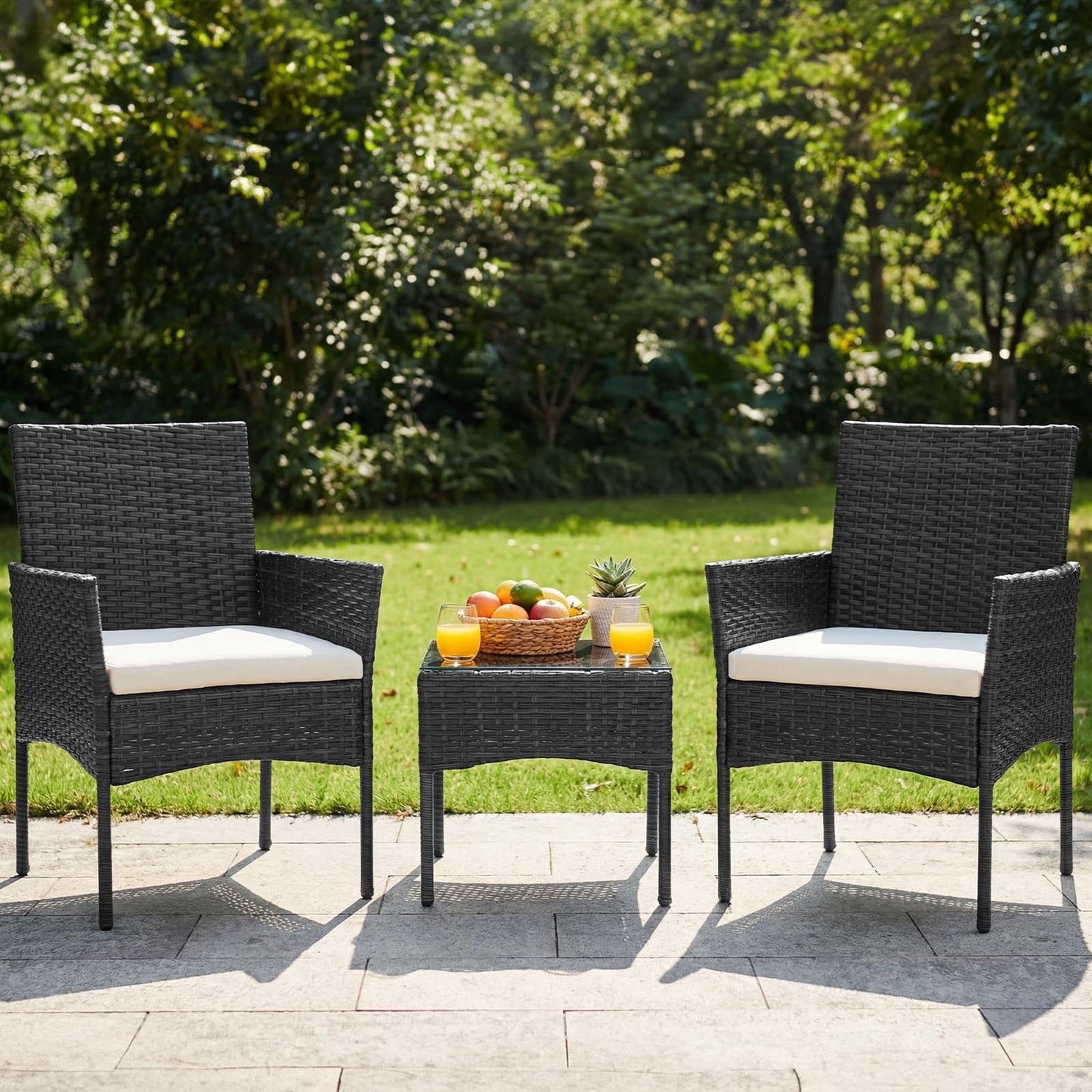 DUMOS 3-Piece Patio Furniture Set, All-Weather Outdoor Wicker Chairs with Removable Cushions & Tempered Glass Table, Small Bistro Set for Porch, Balcony, Lawn, Backyard, Black