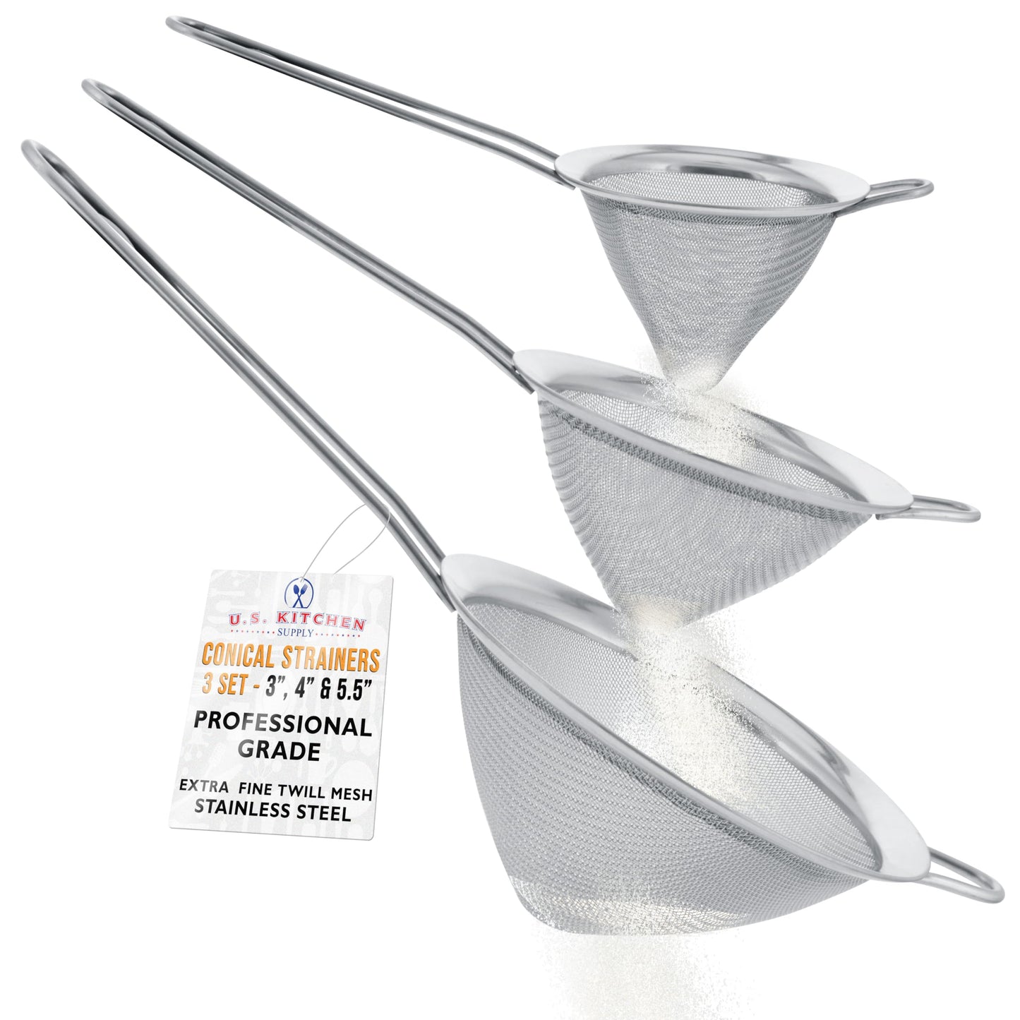 U.S. Kitchen Supply Set of 3 Stainless Steel Conical Strainers - 3", 4" & 5.5" Sizes - Chinois Style, Extra Fine Twill Mesh Sieve, Stainless Steel Strainers and Colanders for Kitchen