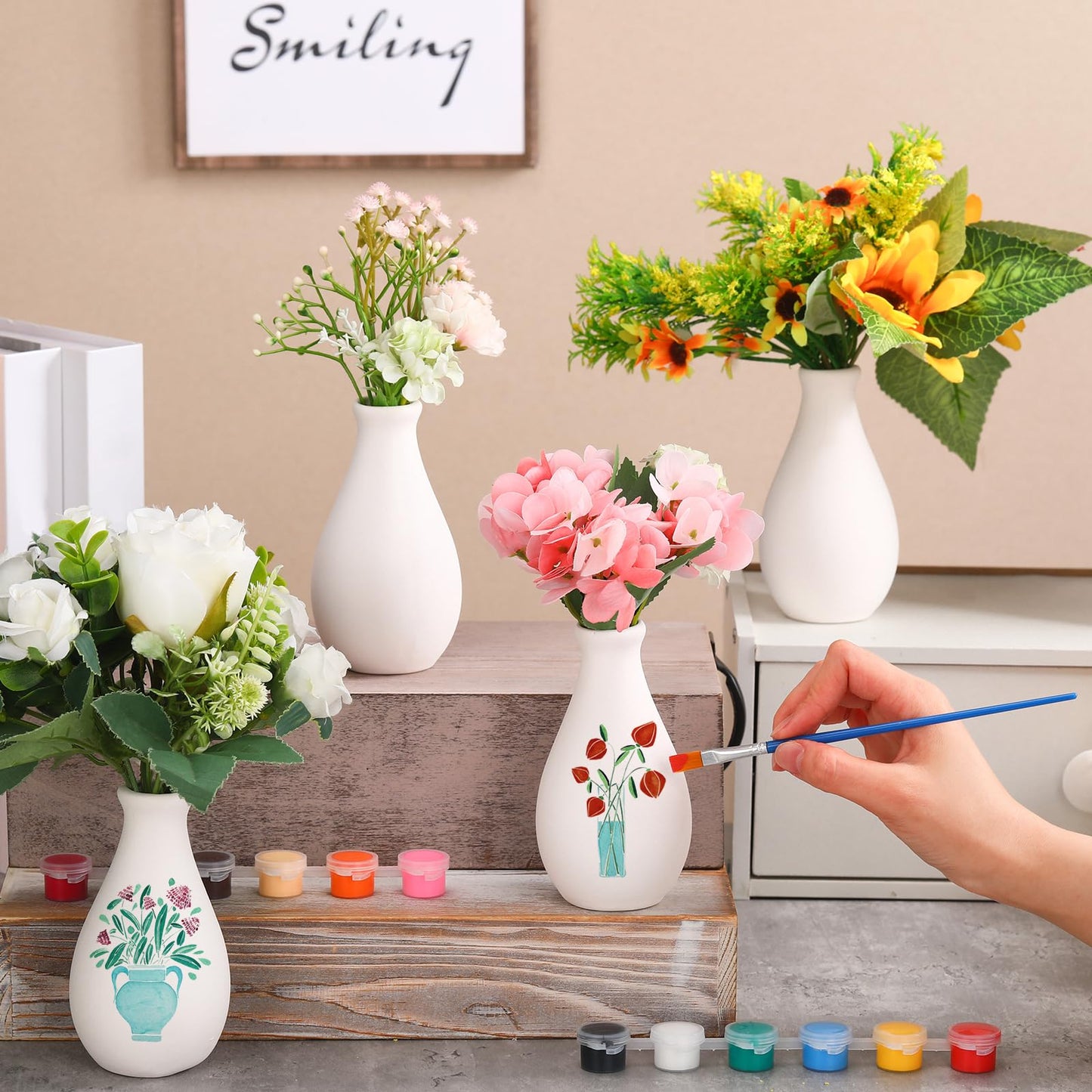 Singhoow 4 Set Father's Day Paint Your Own Porcelain Paint Vase Art Project White Ceramic Painting Kit for Adults Porcelain Vase Decorating Kit Holiday Supplies DIY(Stylish)