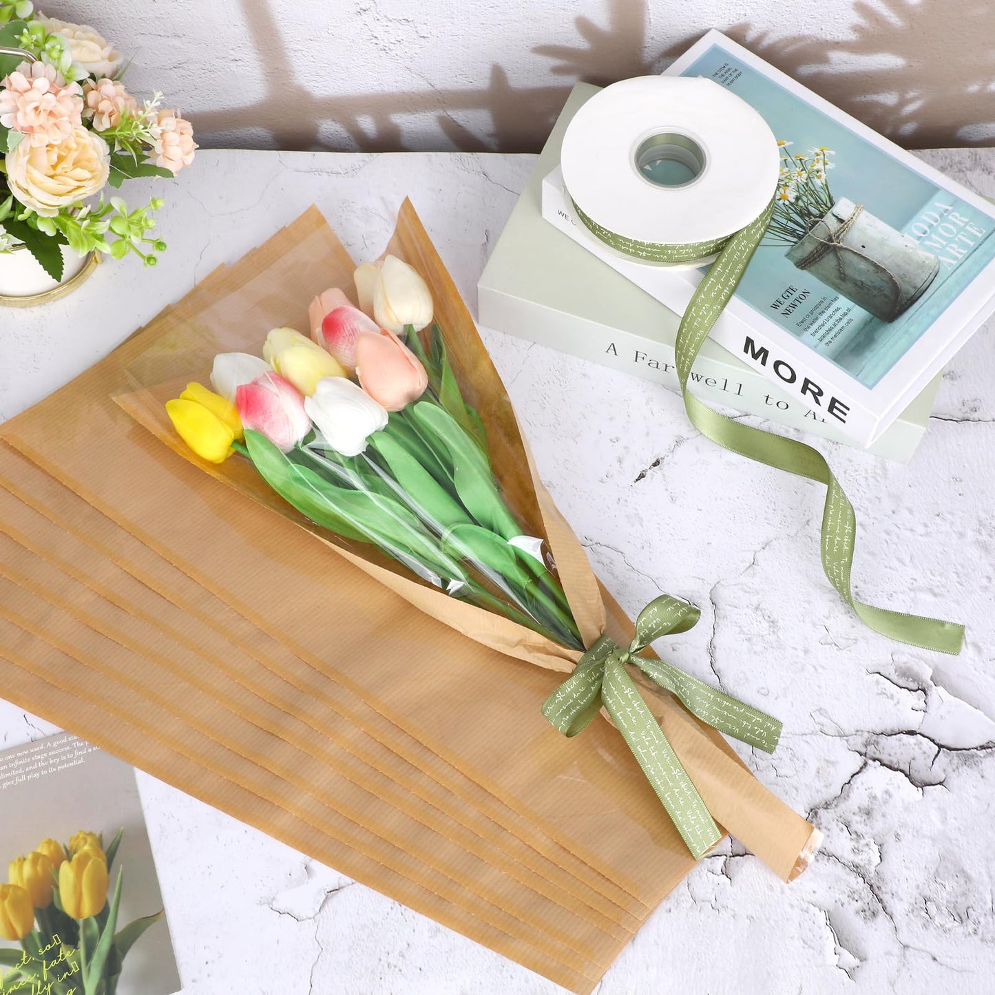 tchrules 50PCS Flower Bouquet Wrapping Paper with Ribbon, Kraft Flower Sleeves for Bouquets, Brown Floral Packing Bags Bulk for Valentine's Day Mother's Day Graduation Wedding, 17.7x9.4x3.5 inch