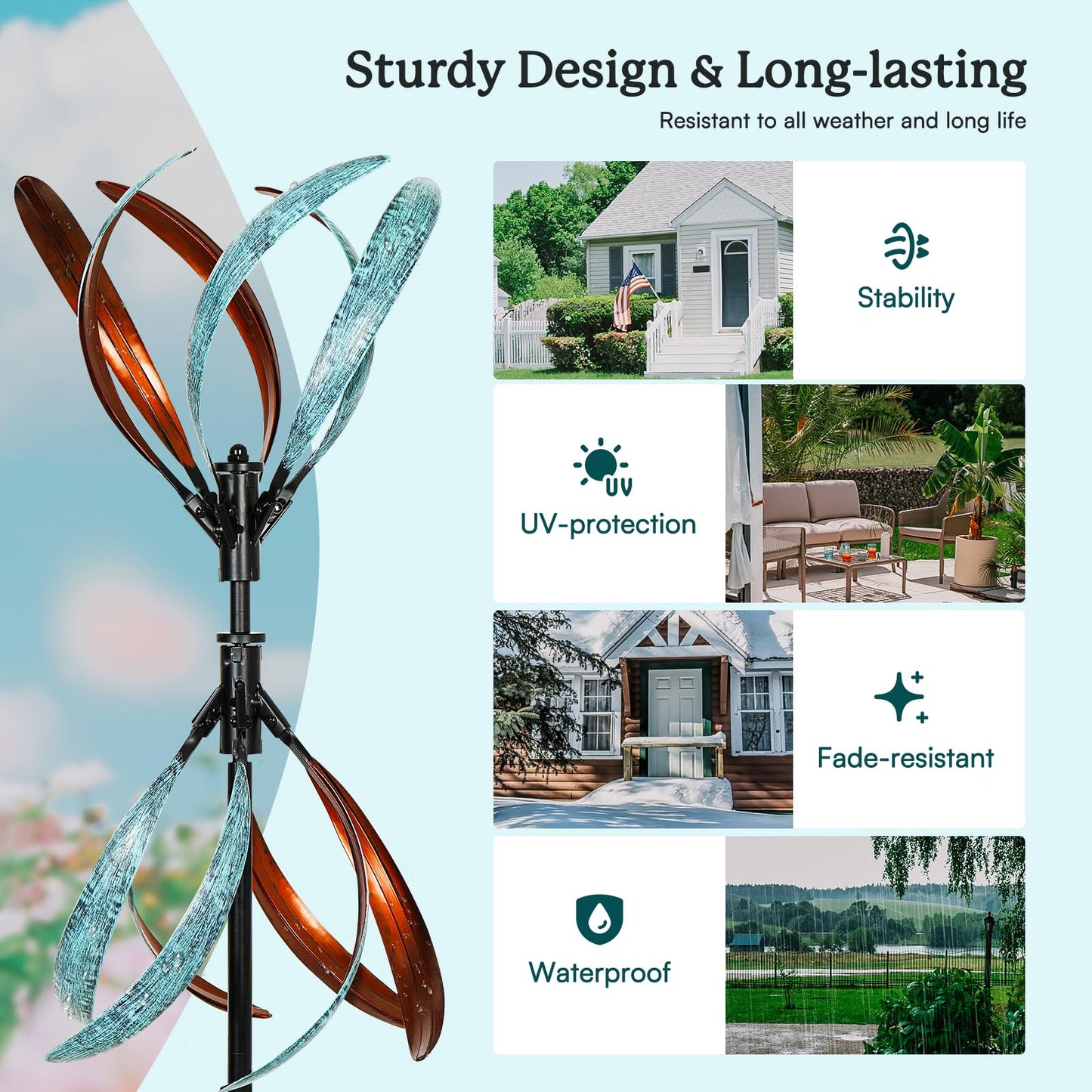 Cyan Oasis Wind Spinners Outdoor – Metal Large Wind Spinner with Stake for Yard and Garden, Garden Wind Sculptures & Spinners, Ideal Gift for Family (13'' W x 70.5'' H)
