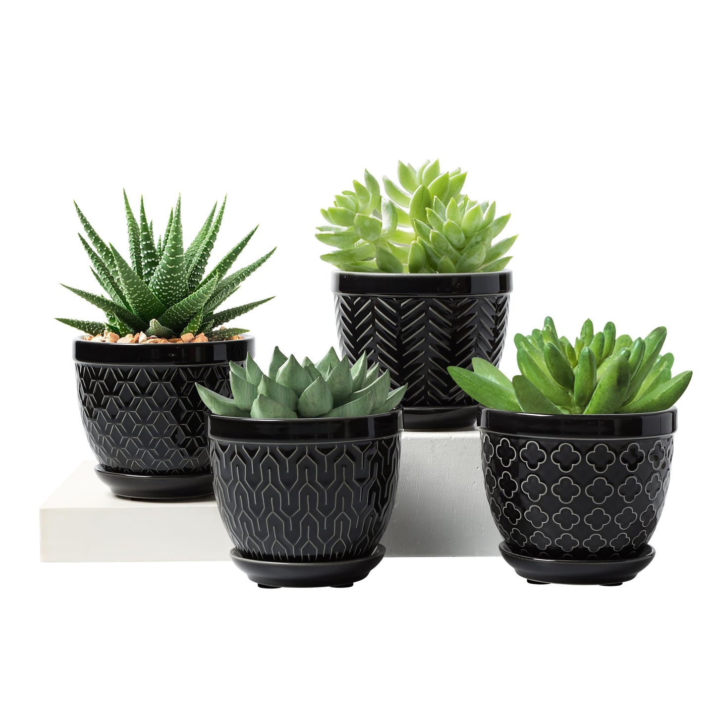 Sureasy Ceramic Plant Pots, 4.7 Inch Flower Pots for Indoor Plants, Succulent Pots with Saucer and Drainage Hole, Decorative Planter for Succulent, Cactus, Set of 4, Black