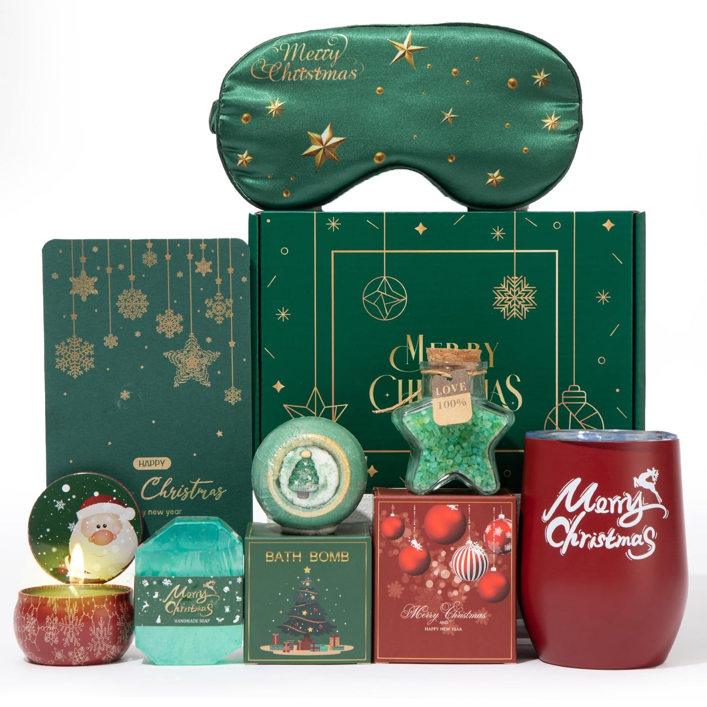Christmas Gifts Basket for Women Men, Merry Christmas Gifts Box Relaxing Bath Gifts Xmas Scented Candles Insulated Tumbler Gifts Set for Wife Friends Sister Mom