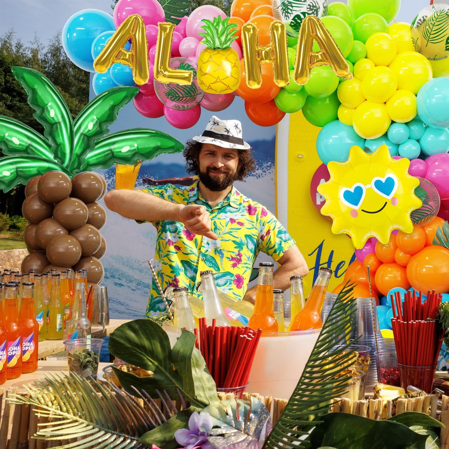 Amandir 160Pcs Hawaiian Tropical Beach Luau Balloon Garland Arch Kit Party Decorations with Aloha Green Palm Tree Pineapple Foil Balloon for Summer Birthday Party Decorations